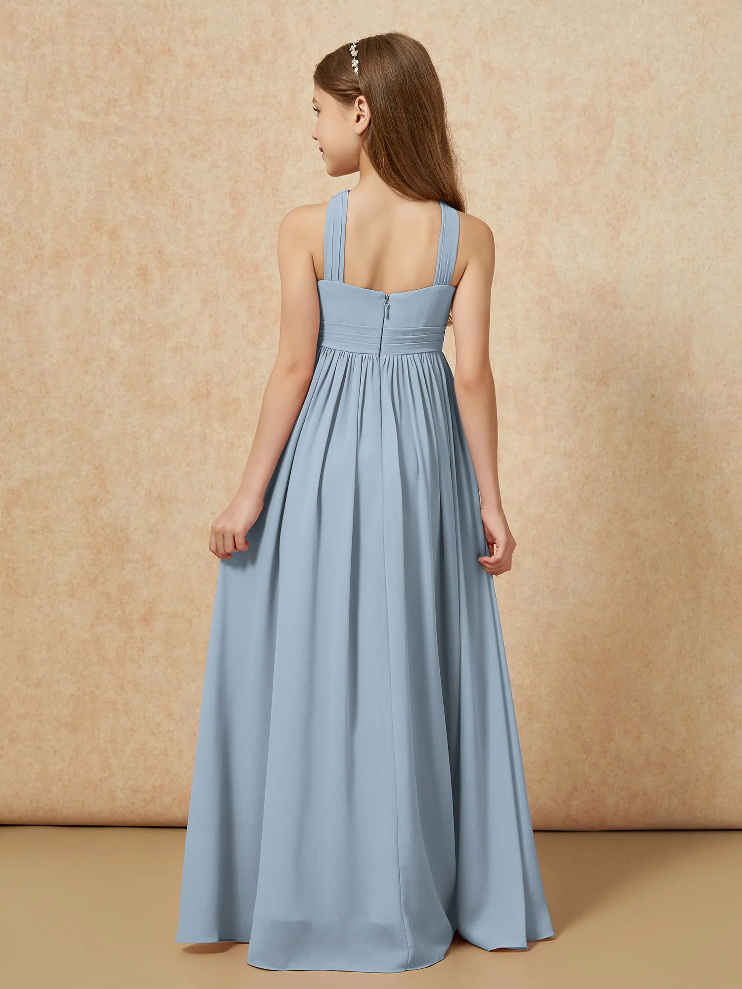 Griechischer Ausschnitt Chiffon Junge Brautjungfernkleider mit Schlitz Staubiges Blau - Image 2