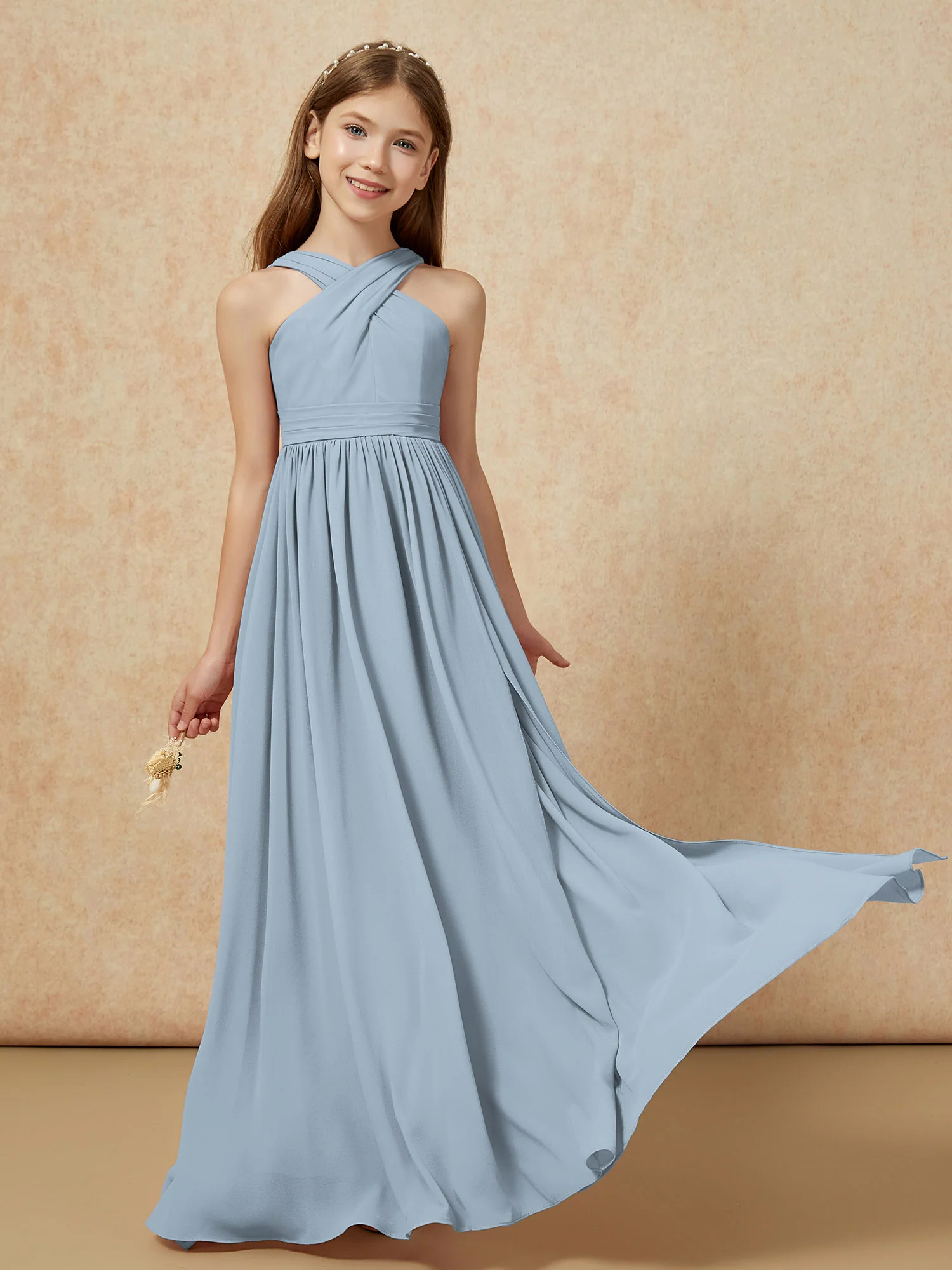 Griechischer Ausschnitt Chiffon Junge Brautjungfernkleider mit Schlitz Staubiges Blau - Image 5