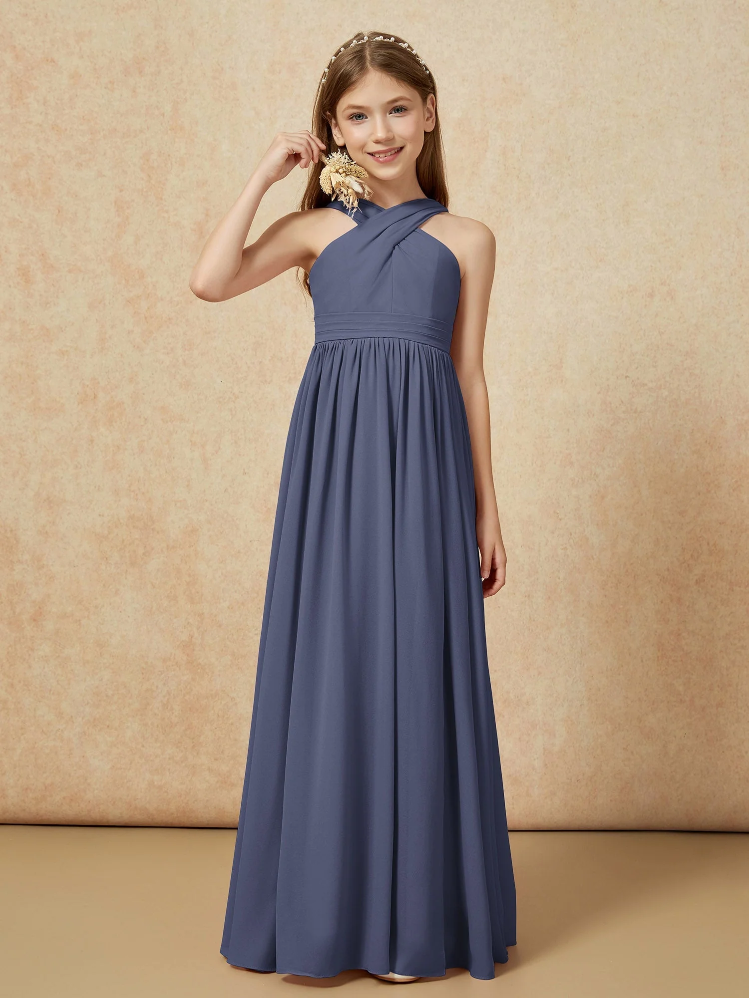 Griechischer Ausschnitt Chiffon Junge Brautjungfernkleider mit Schlitz Sturm