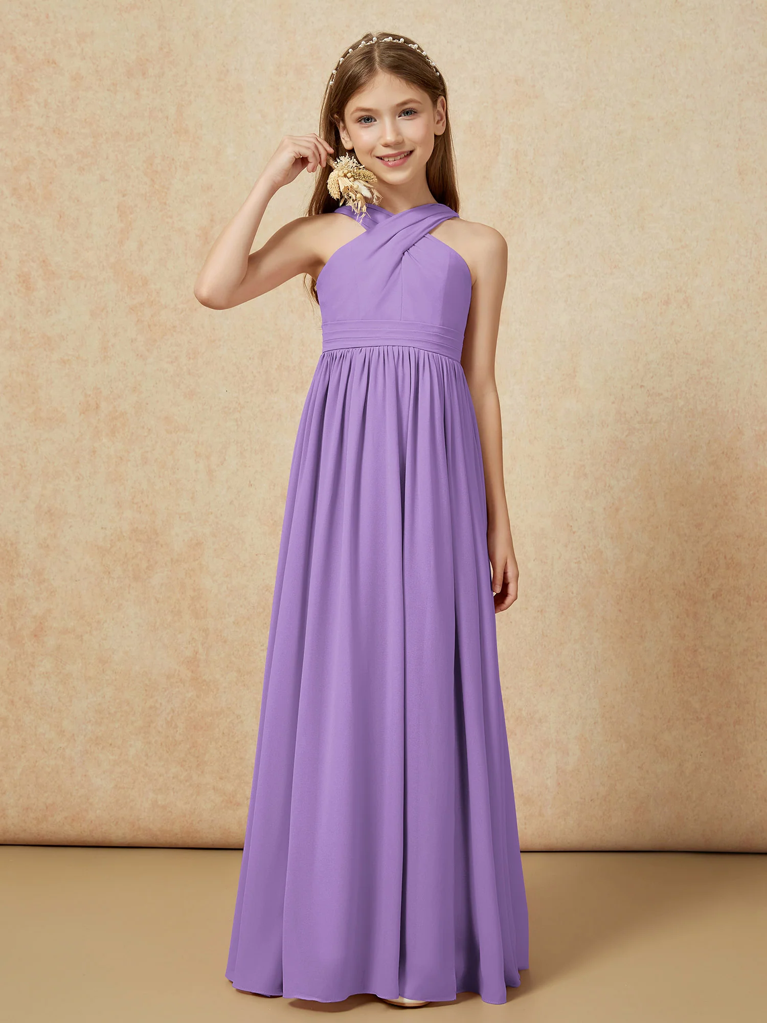 Griechischer Ausschnitt Chiffon Junge Brautjungfernkleider mit Schlitz Tahiti