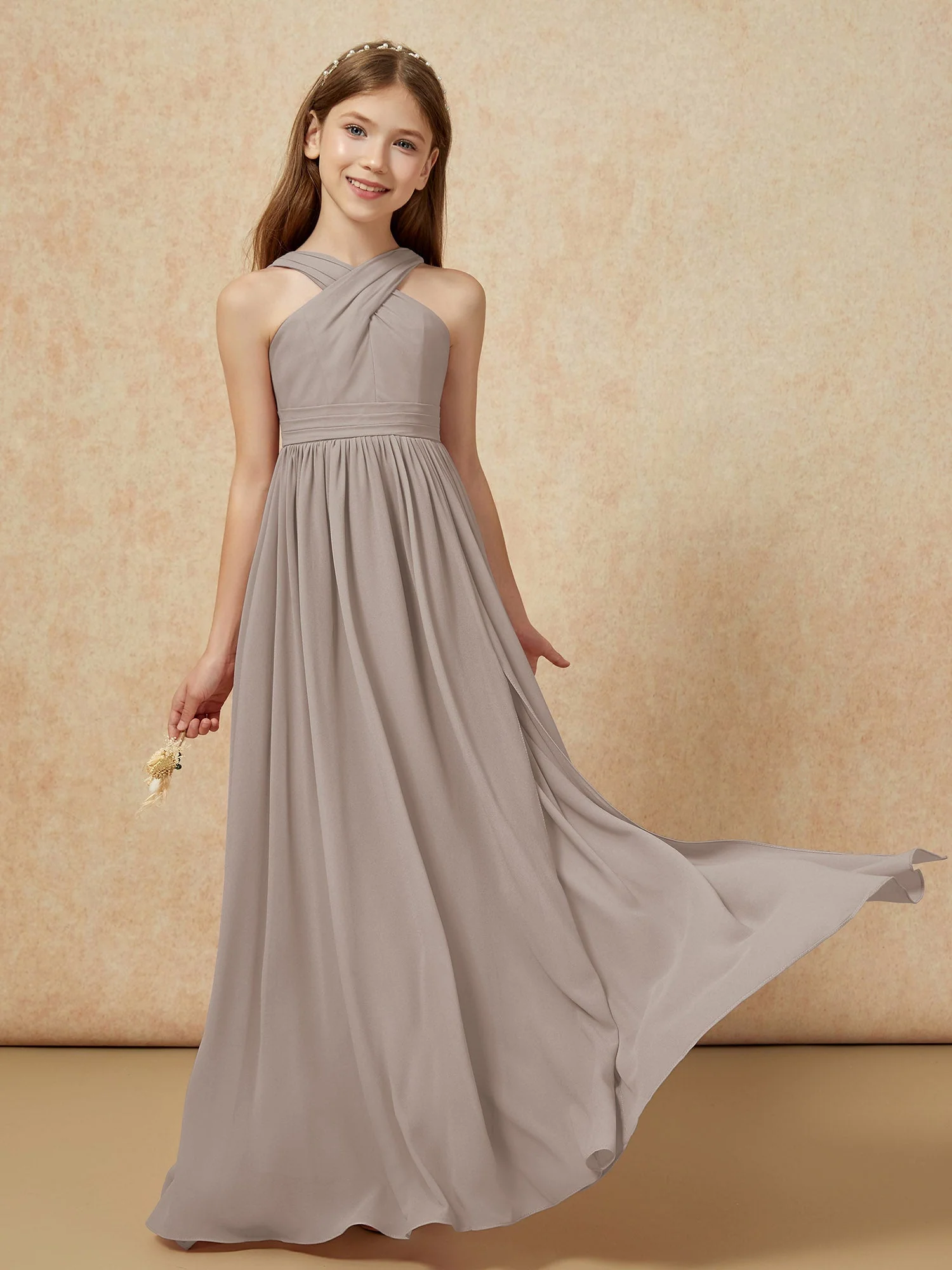 Griechischer Ausschnitt Chiffon Junge Brautjungfernkleider mit Schlitz Taupe - Image 5