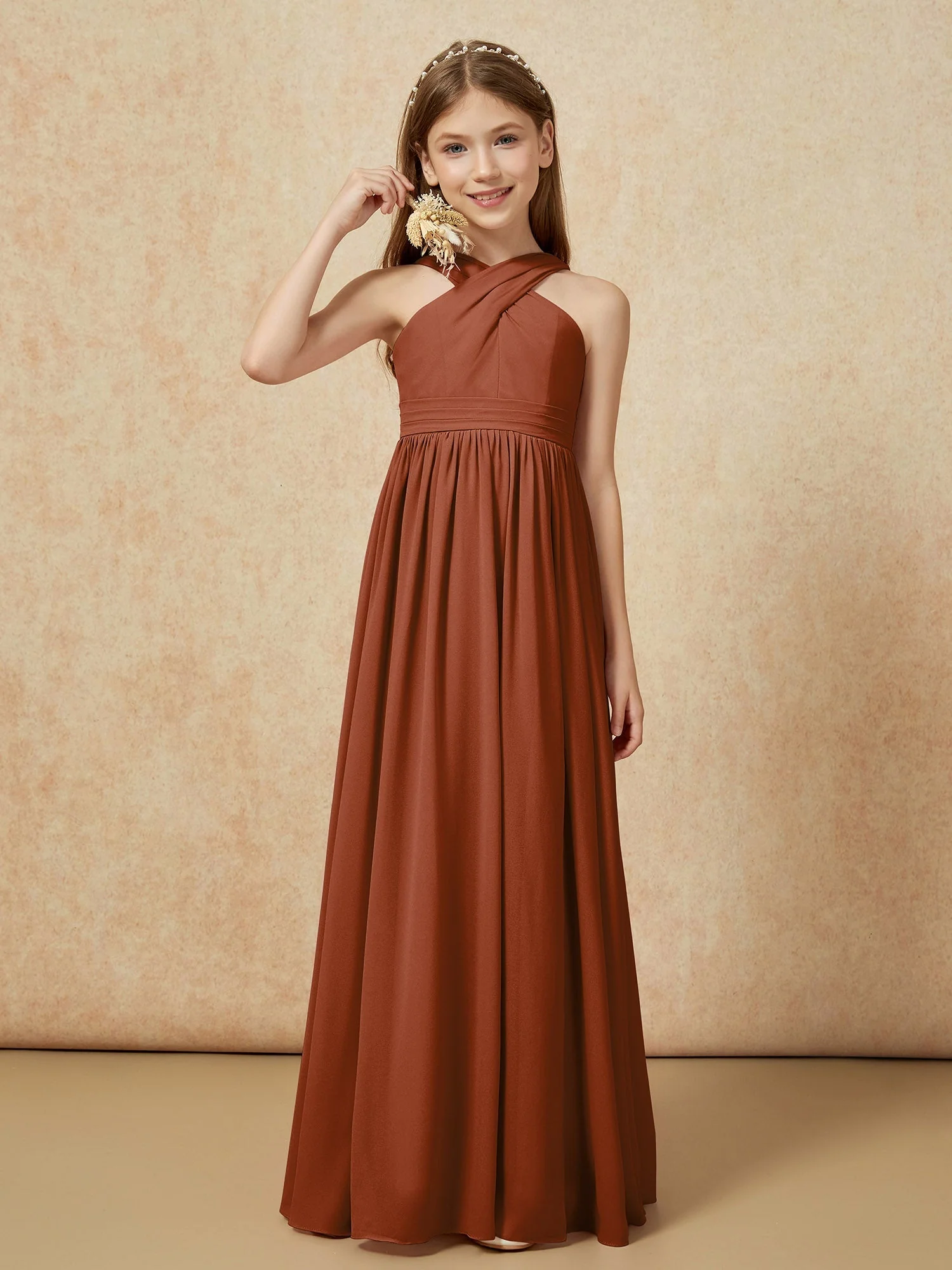 Griechischer Ausschnitt Chiffon Junge Brautjungfernkleider mit Schlitz Terrakotta