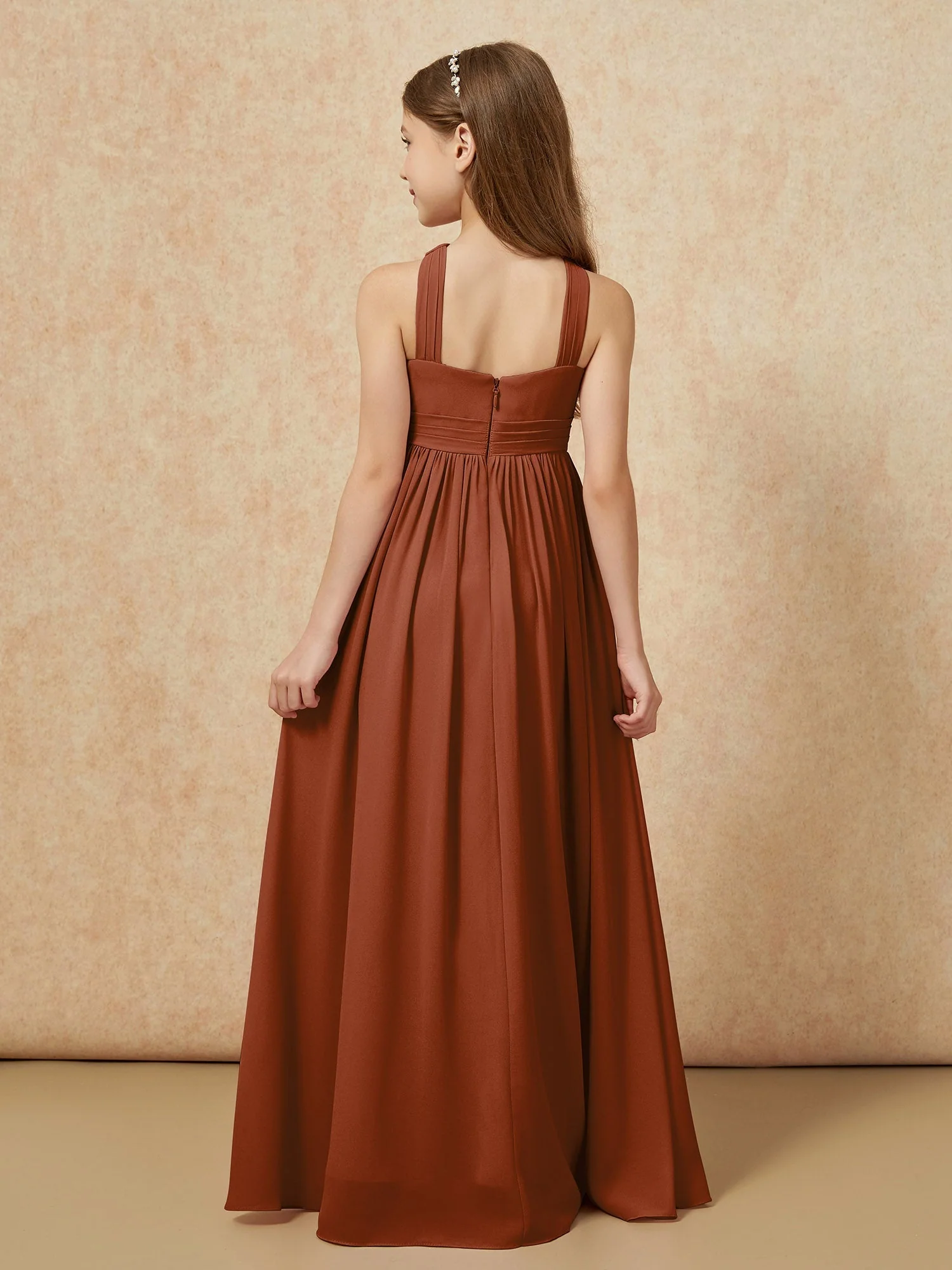 Griechischer Ausschnitt Chiffon Junge Brautjungfernkleider mit Schlitz Terrakotta - Image 2
