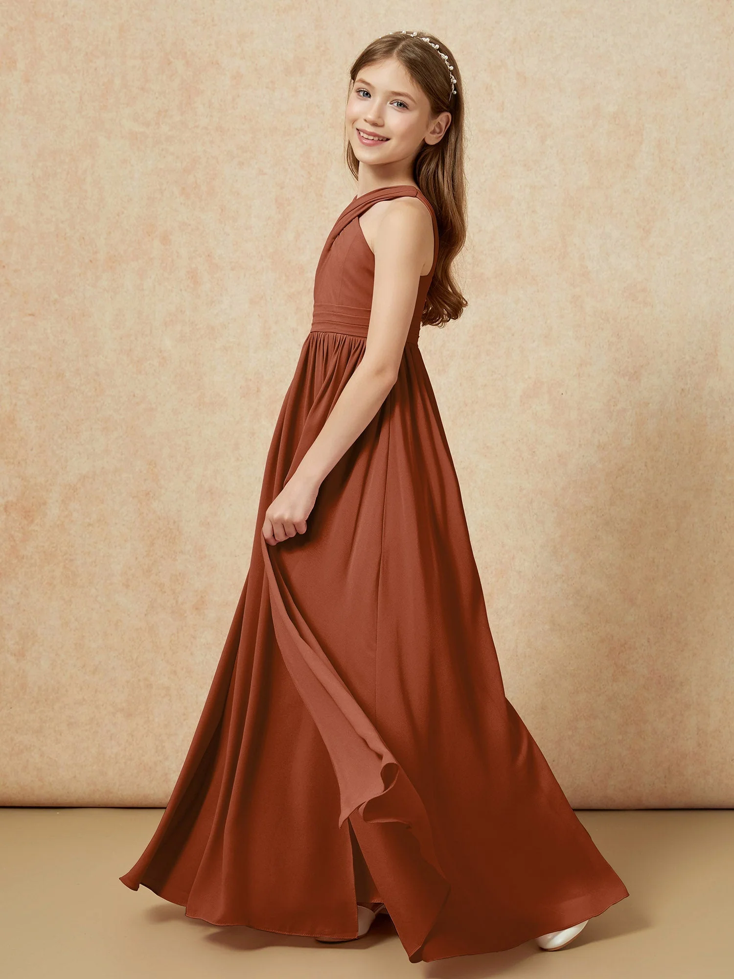 Griechischer Ausschnitt Chiffon Junge Brautjungfernkleider mit Schlitz Terrakotta - Image 3