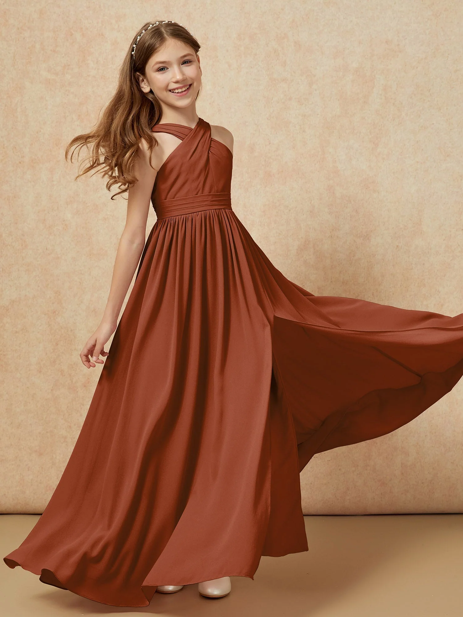 Griechischer Ausschnitt Chiffon Junge Brautjungfernkleider mit Schlitz Terrakotta - Image 6