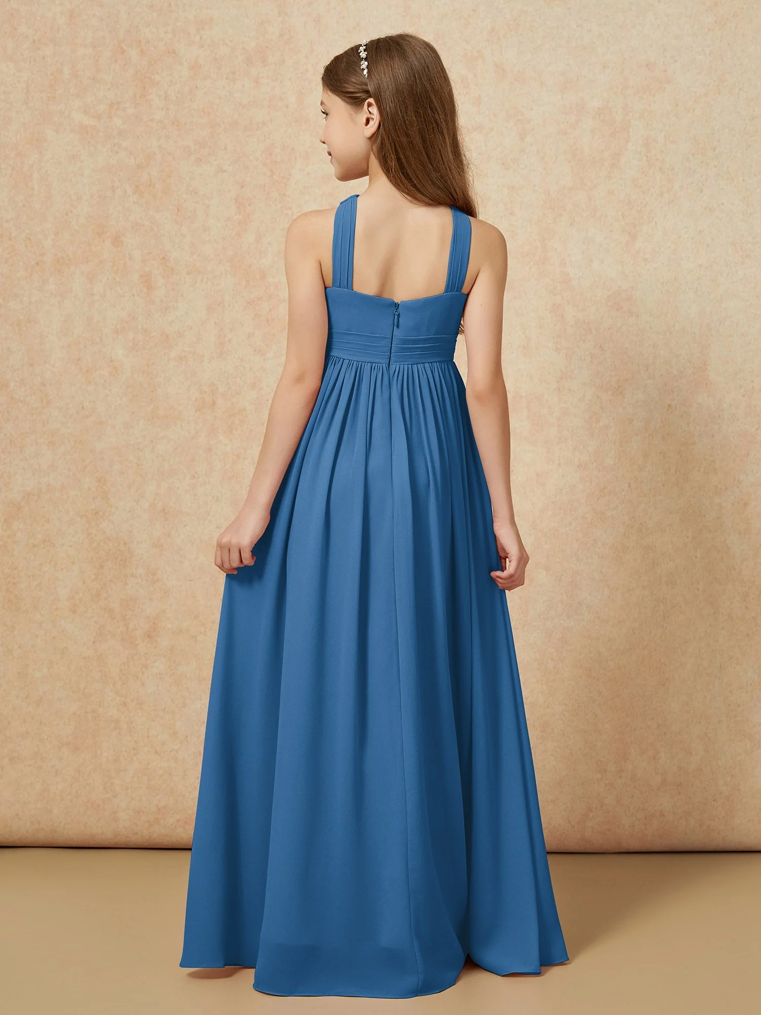 Griechischer Ausschnitt Chiffon Junge Brautjungfernkleider mit Schlitz Tinte Blau - Image 2