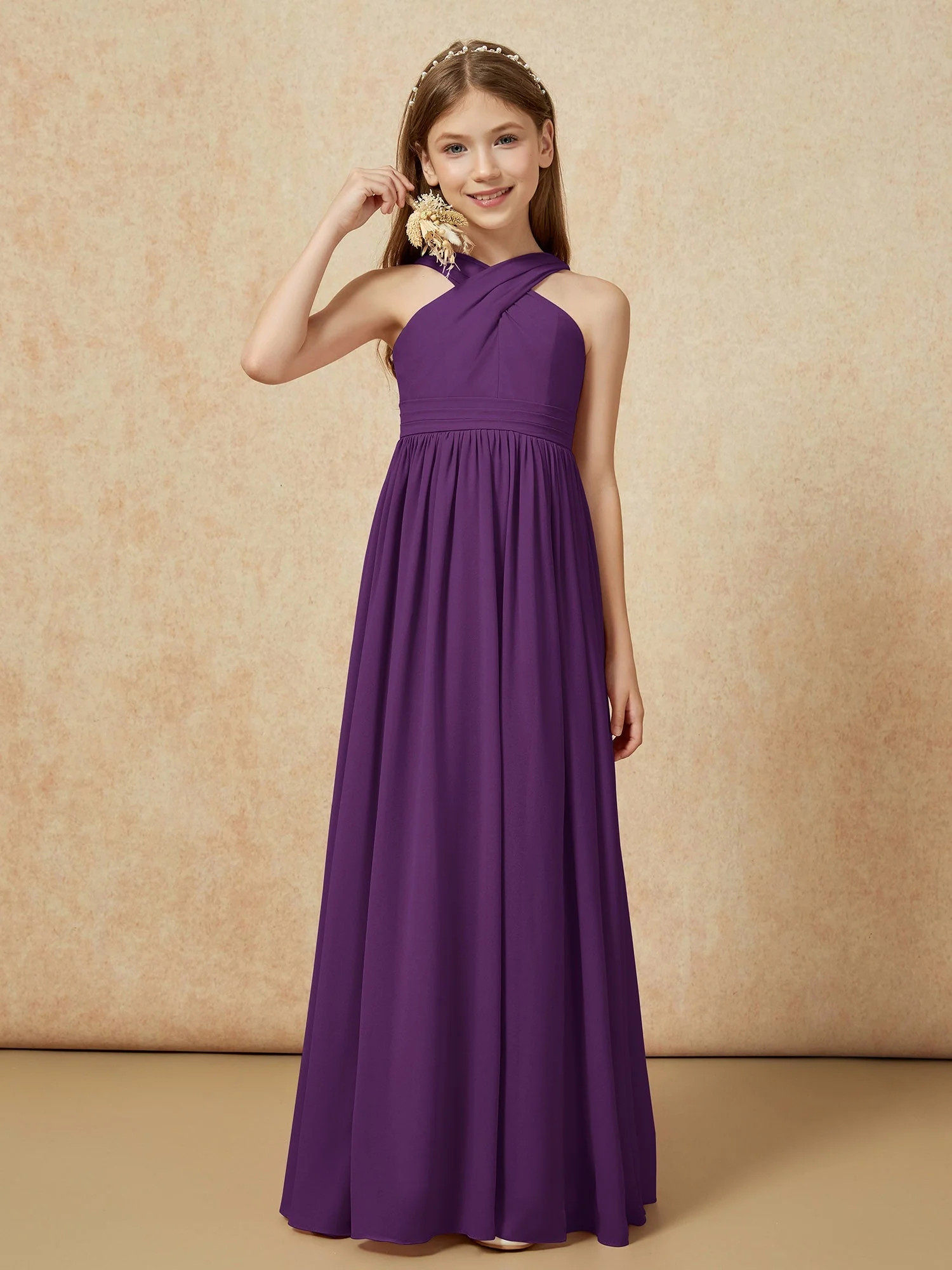 Griechischer Ausschnitt Chiffon Junge Brautjungfernkleider mit Schlitz Traube