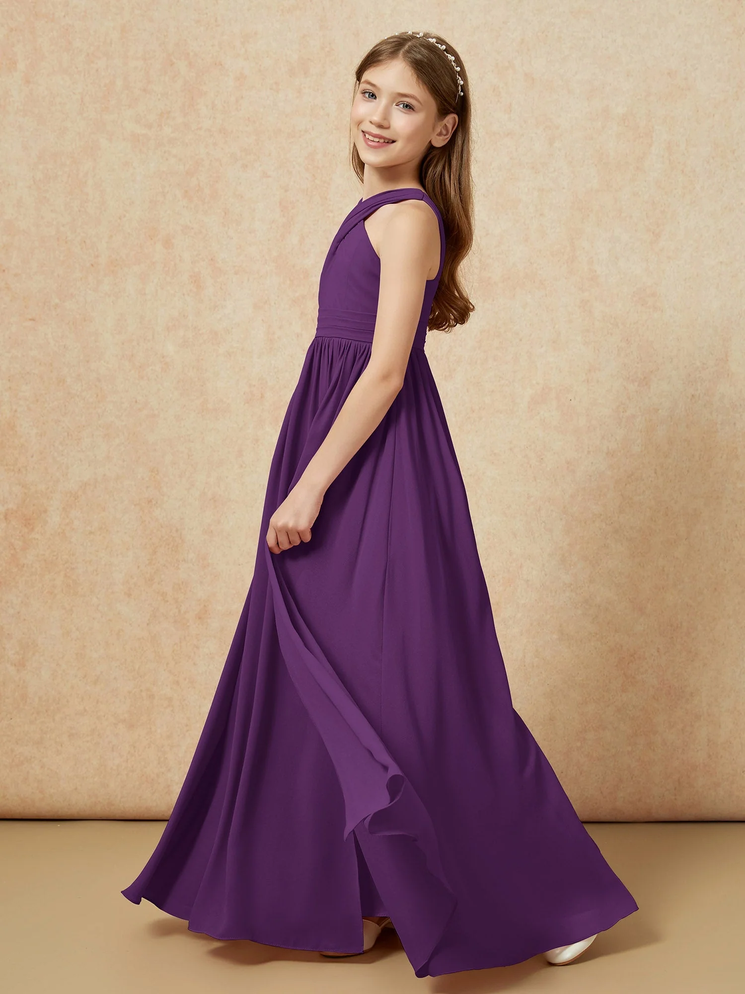 Griechischer Ausschnitt Chiffon Junge Brautjungfernkleider mit Schlitz Traube - Image 3