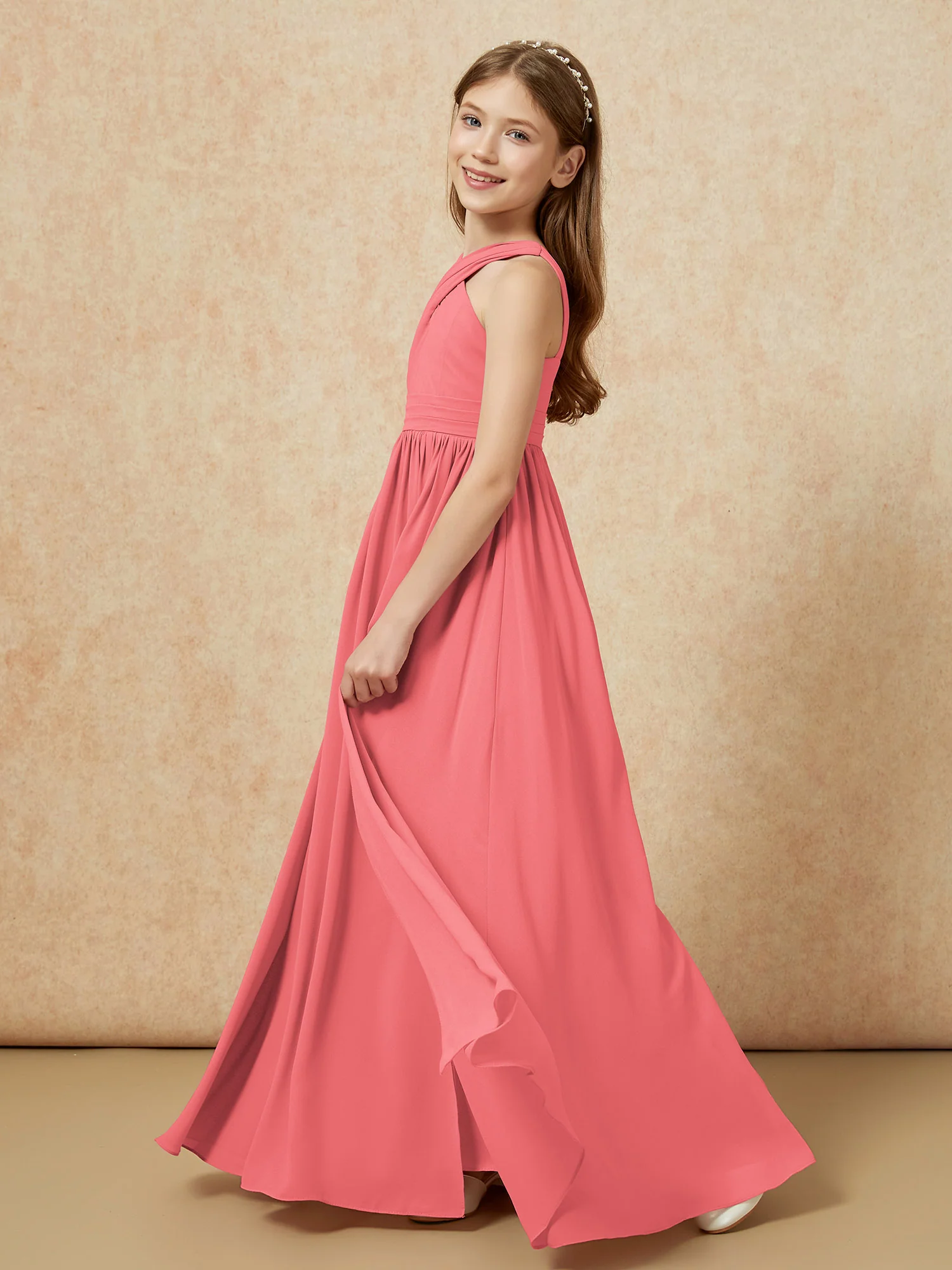 Griechischer Ausschnitt Chiffon Junge Brautjungfernkleider mit Schlitz Wassermelone - Image 3