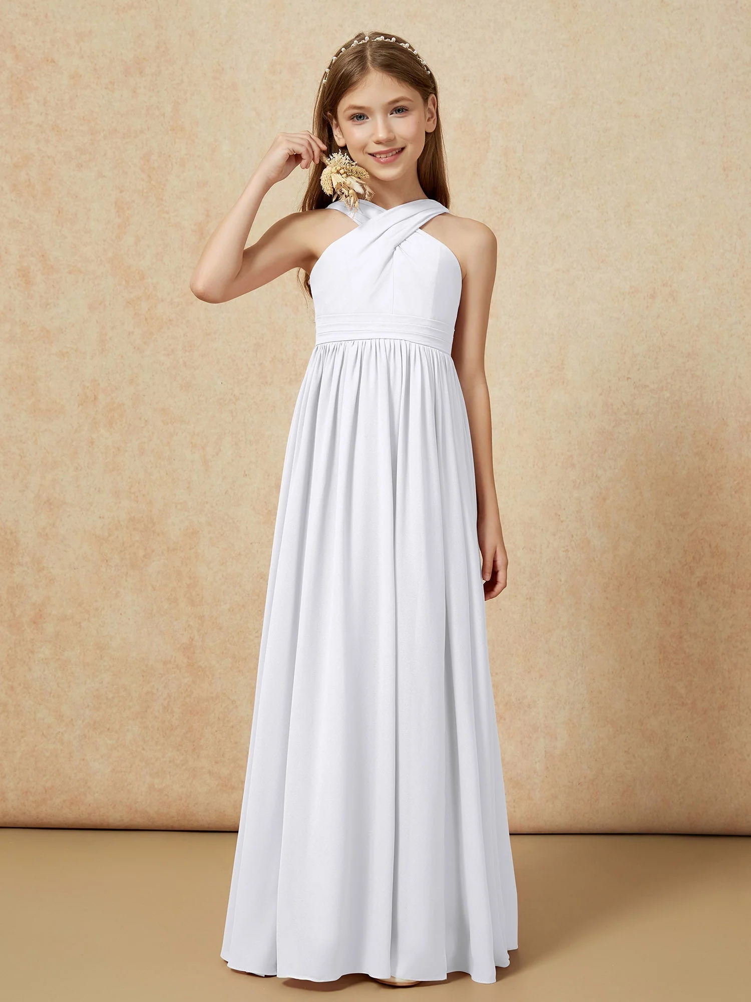 Griechischer Ausschnitt Chiffon Junge Brautjungfernkleider mit Schlitz Weiß