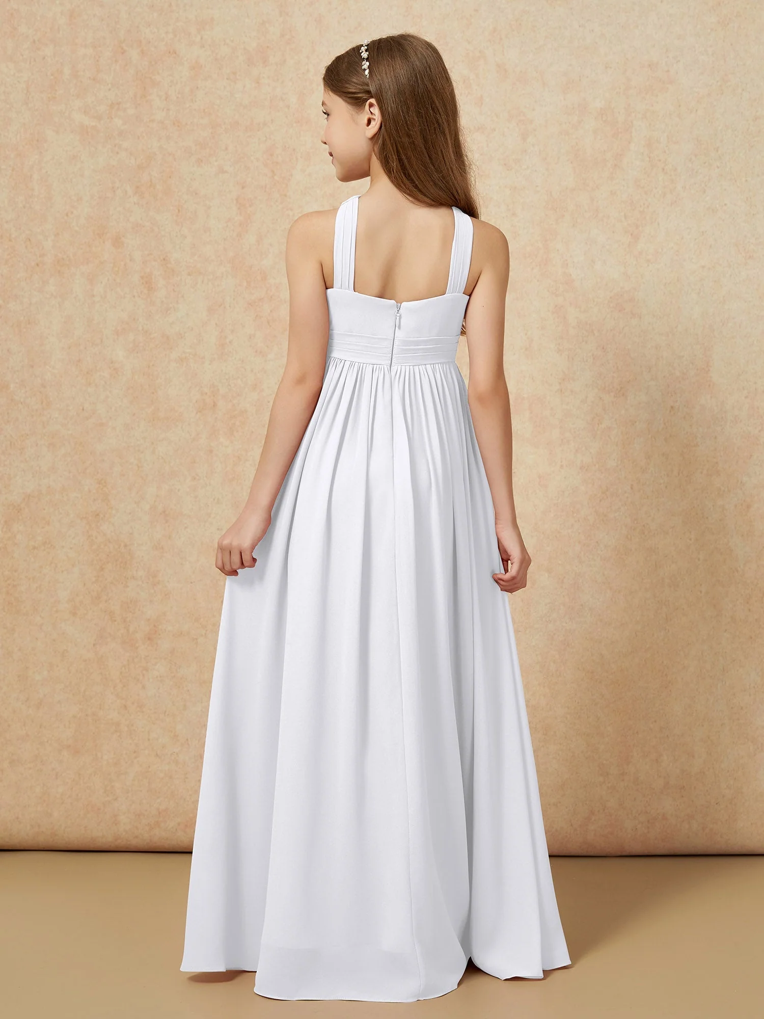 Griechischer Ausschnitt Chiffon Junge Brautjungfernkleider mit Schlitz Weiß - Image 2