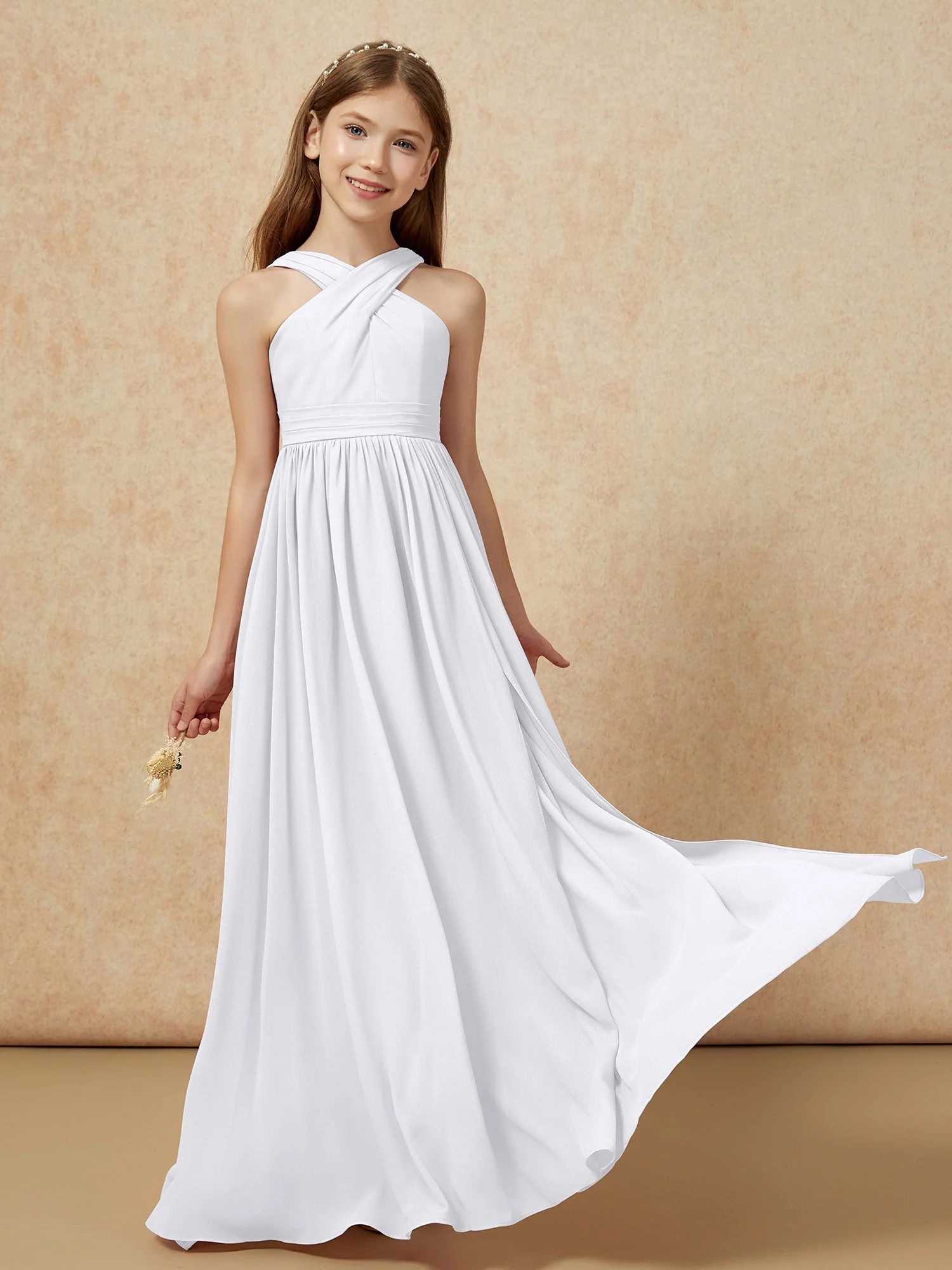 Griechischer Ausschnitt Chiffon Junge Brautjungfernkleider mit Schlitz Weiß - Image 5