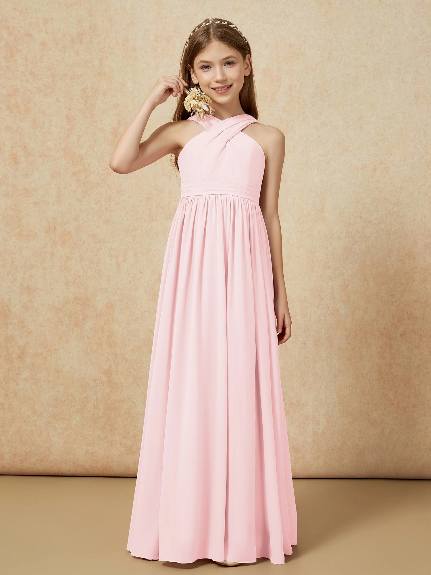 Griechischer Ausschnitt Chiffon Junge Brautjungfernkleider mit Schlitz Zartrosa