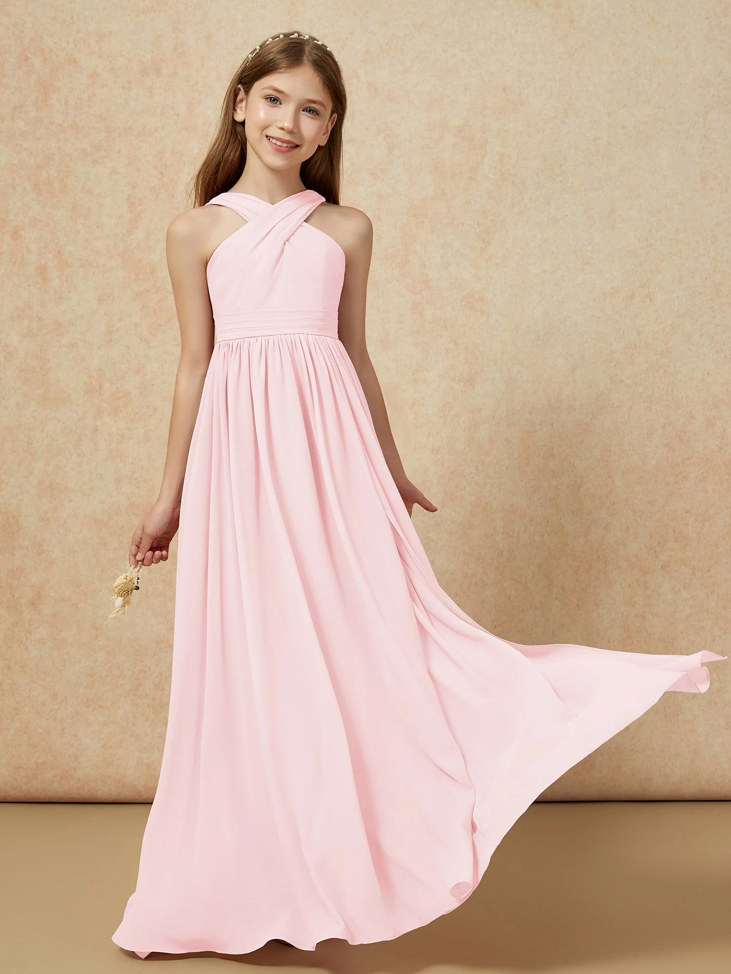 Griechischer Ausschnitt Chiffon Junge Brautjungfernkleider mit Schlitz Zartrosa - Image 5