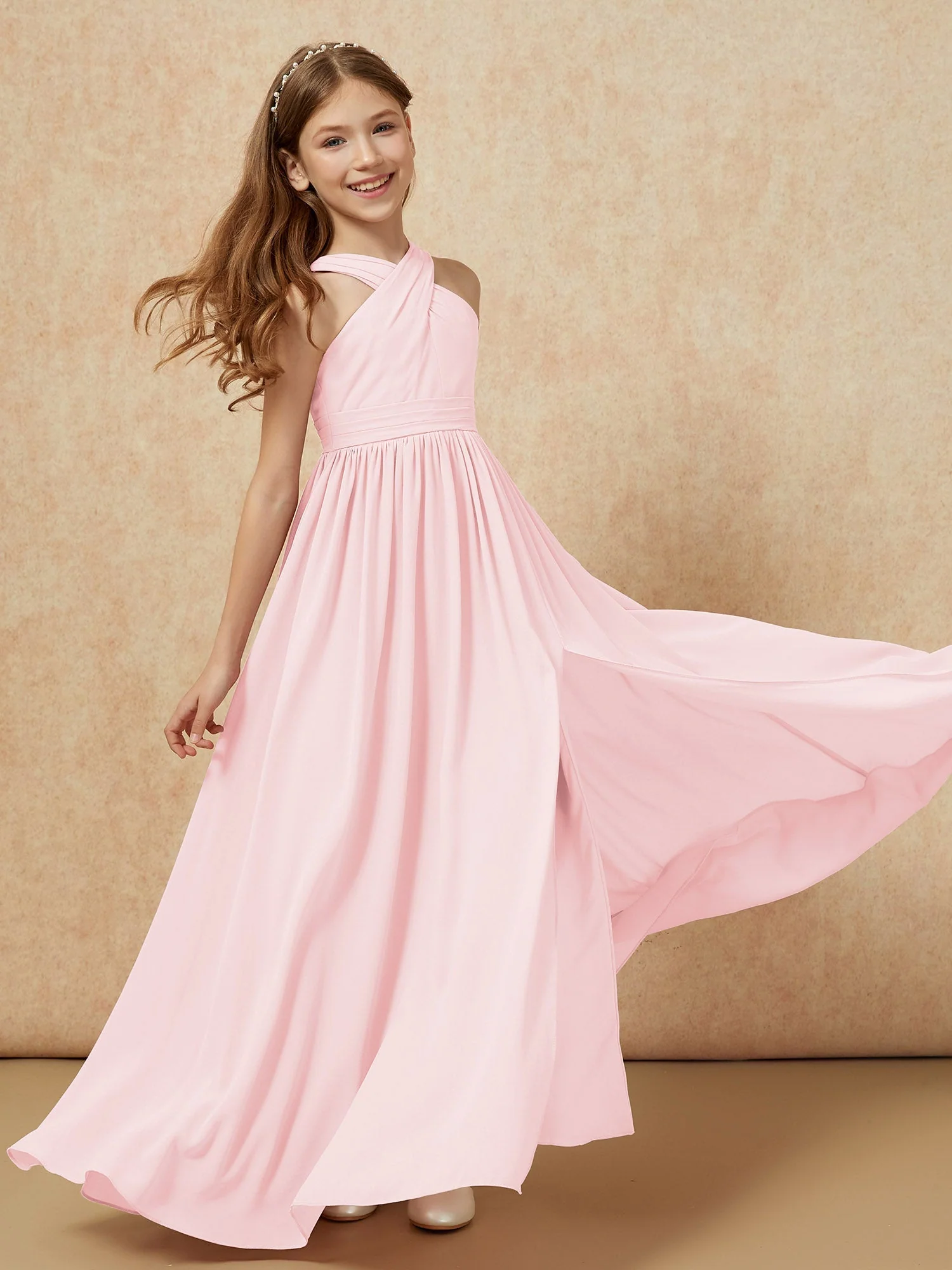 Griechischer Ausschnitt Chiffon Junge Brautjungfernkleider mit Schlitz Zartrosa - Image 6