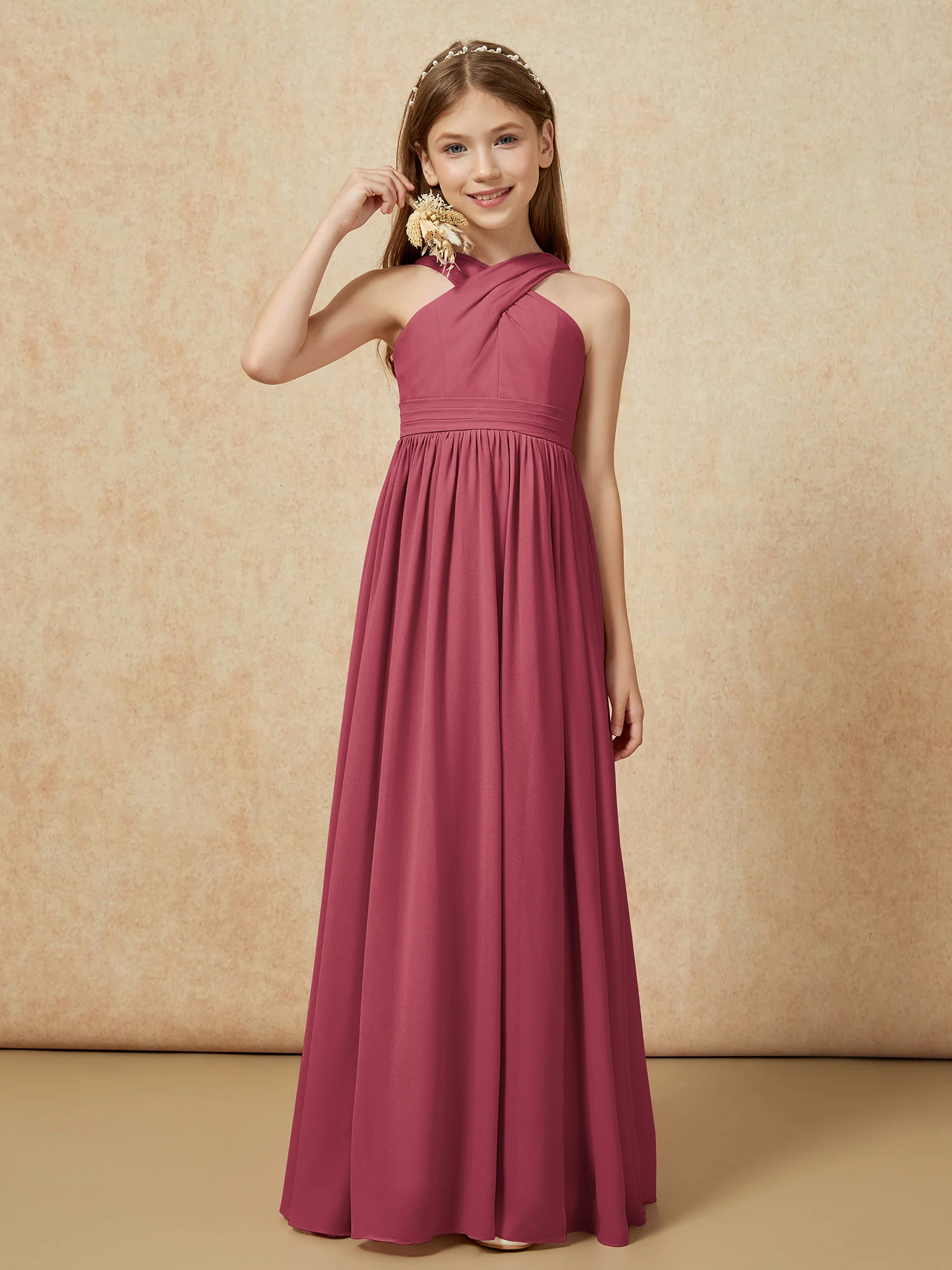 Griechischer Ausschnitt Chiffon Junge Brautjungfernkleider mit Schlitz Zimtrose