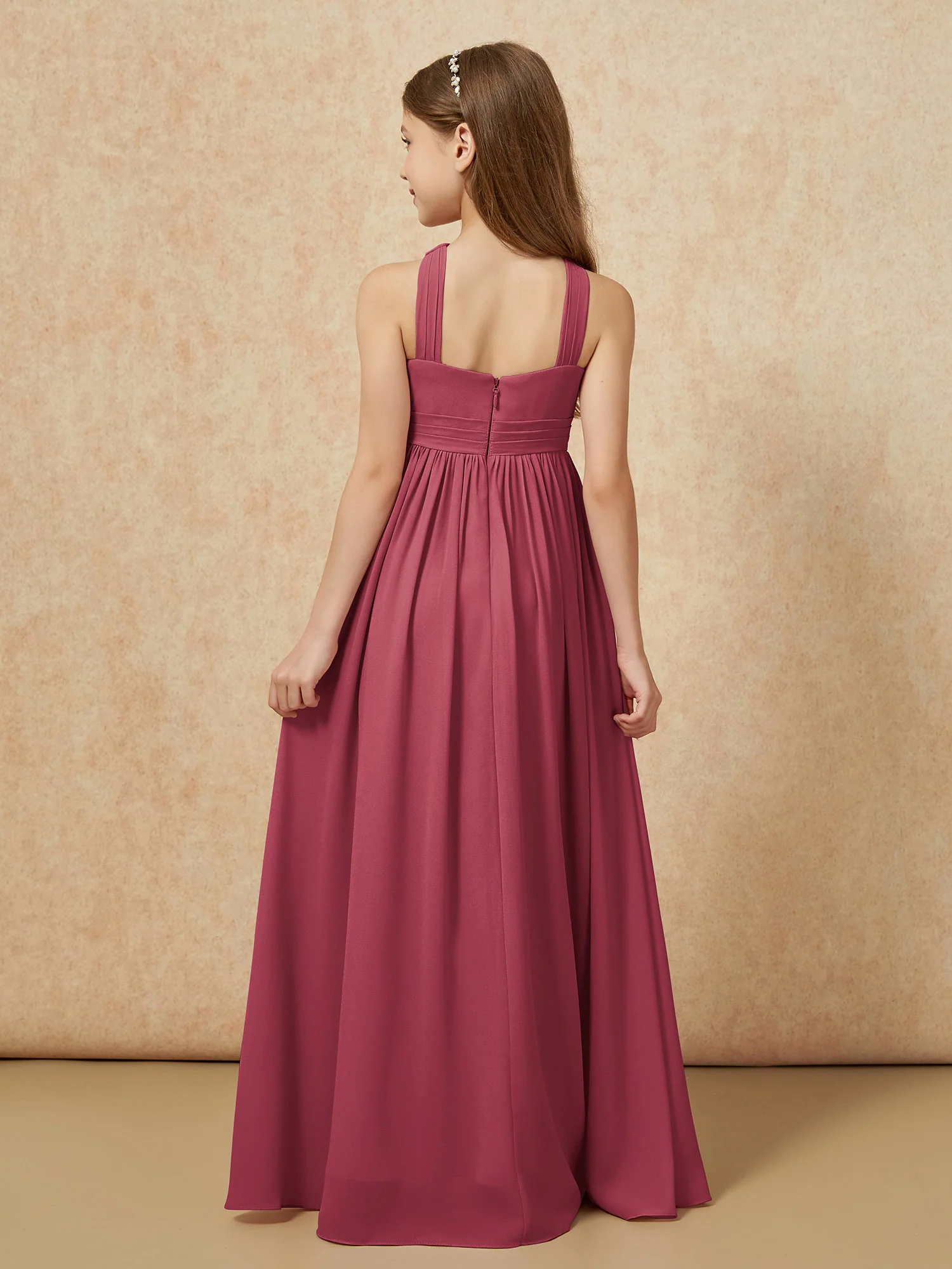 Griechischer Ausschnitt Chiffon Junge Brautjungfernkleider mit Schlitz Zimtrose - Image 2