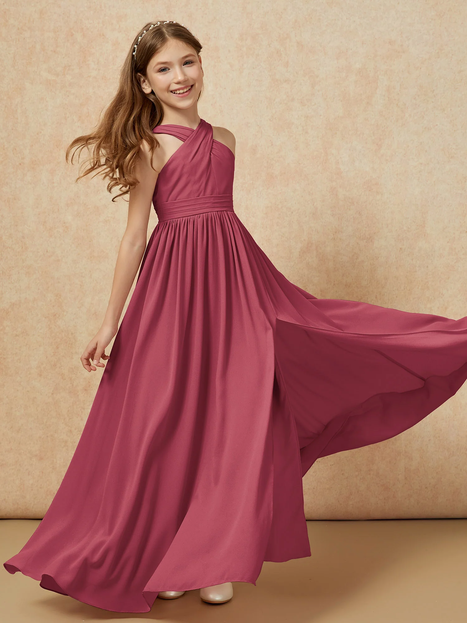 Griechischer Ausschnitt Chiffon Junge Brautjungfernkleider mit Schlitz Zimtrose - Image 6