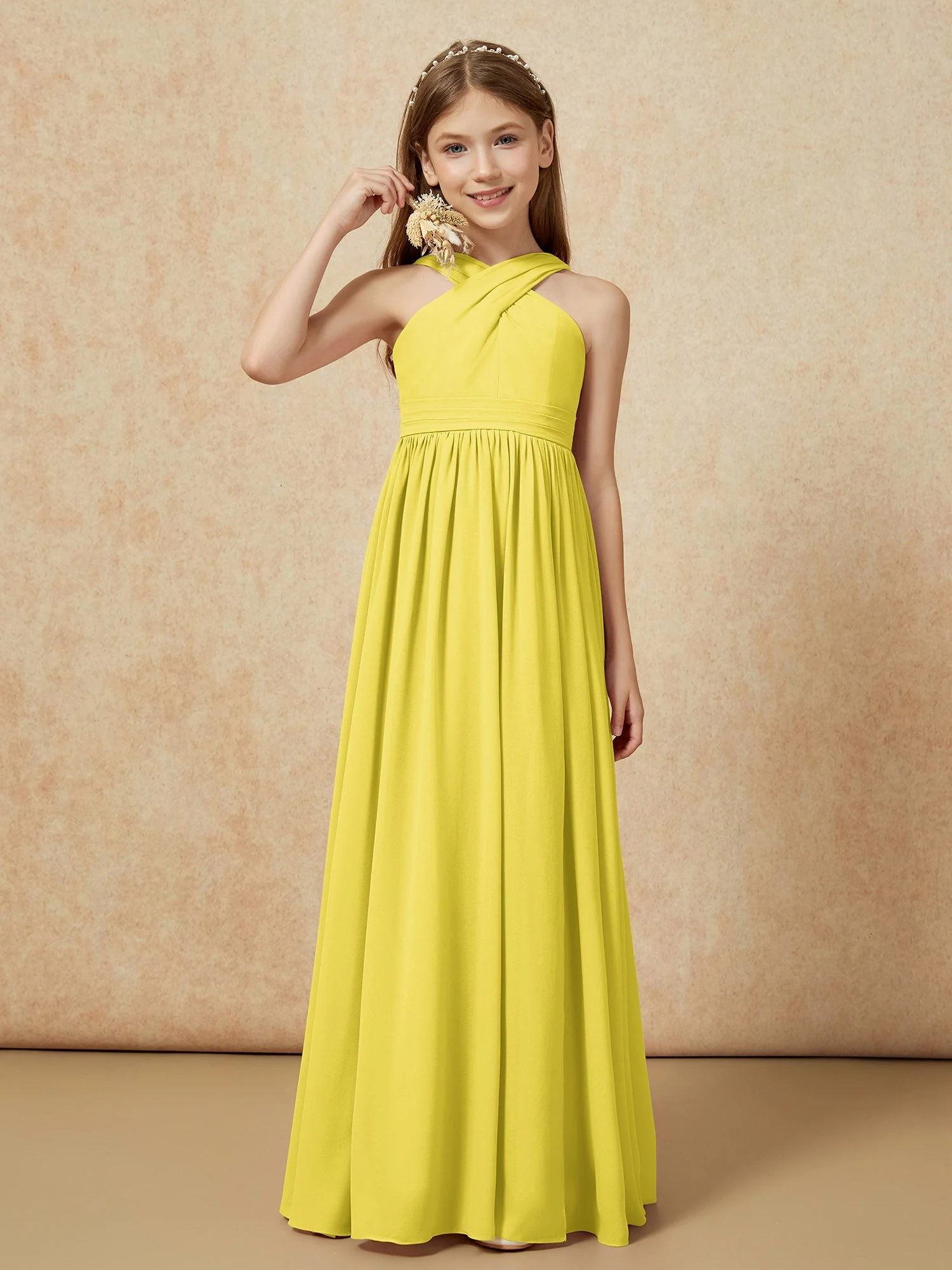 Griechischer Ausschnitt Chiffon Junge Brautjungfernkleider mit Schlitz Zitrone