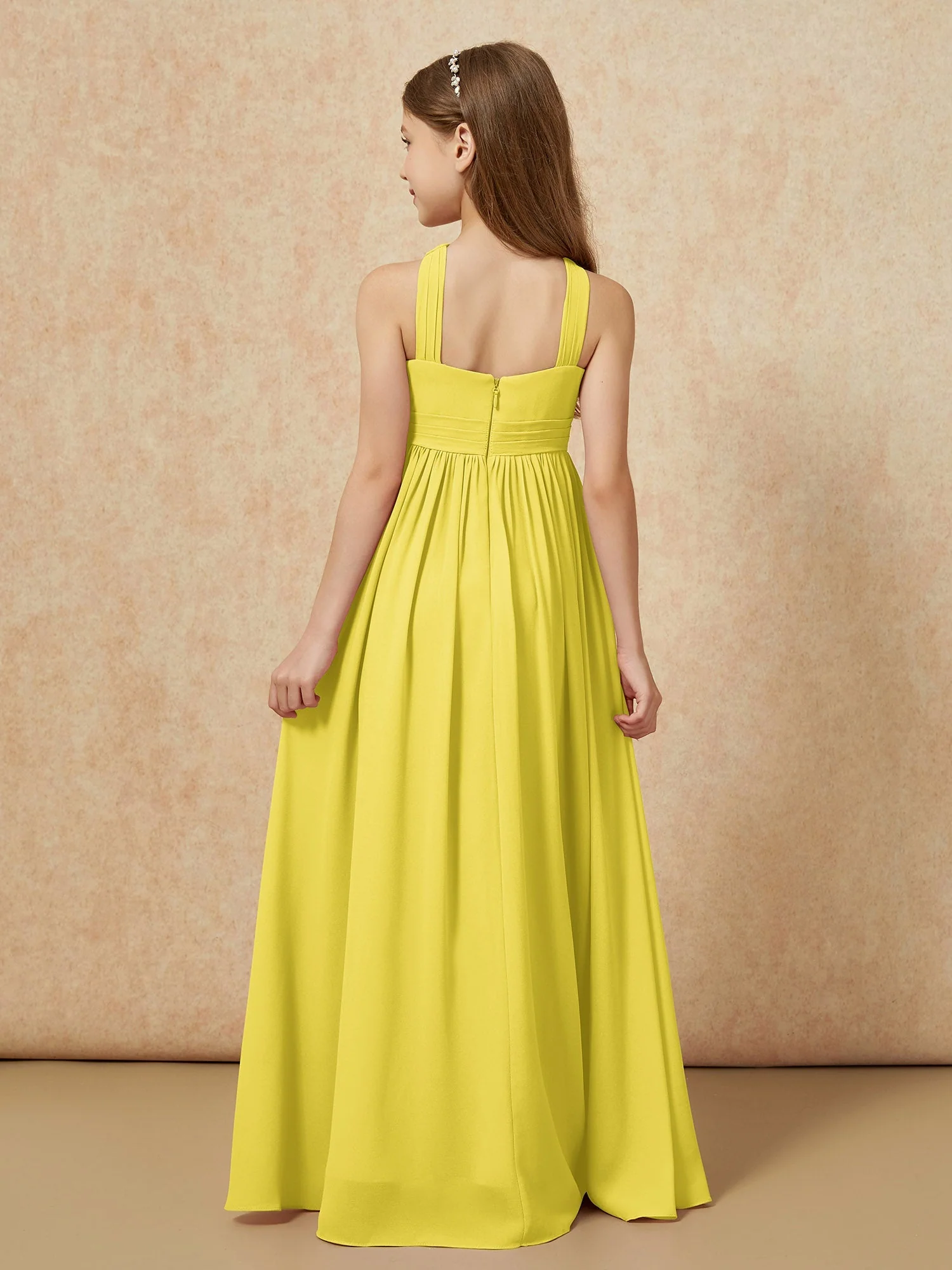 Griechischer Ausschnitt Chiffon Junge Brautjungfernkleider mit Schlitz Zitrone - Image 2