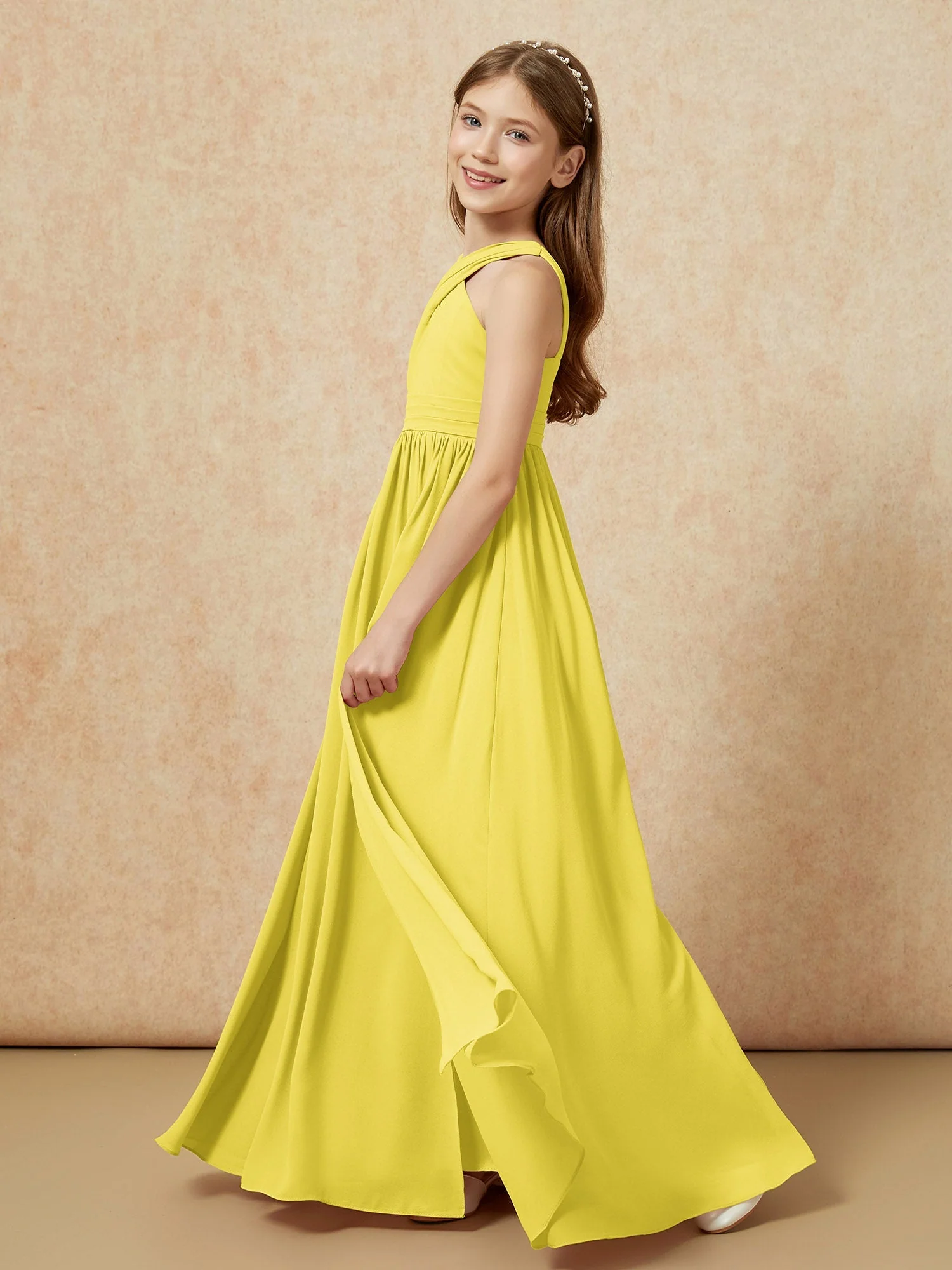 Griechischer Ausschnitt Chiffon Junge Brautjungfernkleider mit Schlitz Zitrone - Image 3