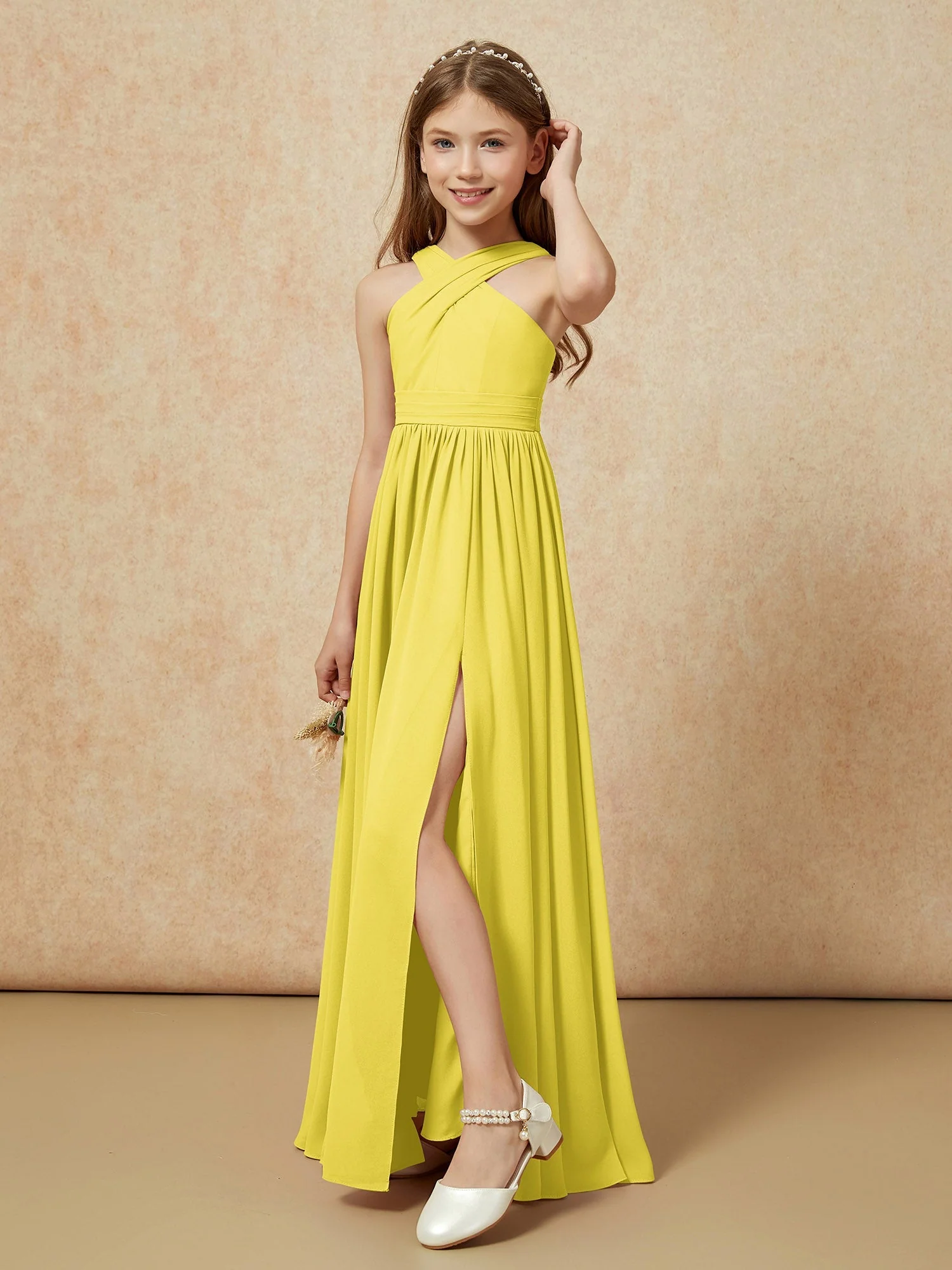 Griechischer Ausschnitt Chiffon Junge Brautjungfernkleider mit Schlitz Zitrone - Image 4
