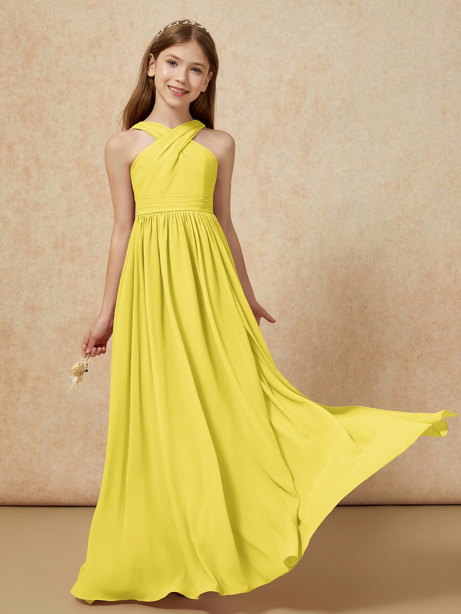 Griechischer Ausschnitt Chiffon Junge Brautjungfernkleider mit Schlitz Zitrone - Image 5