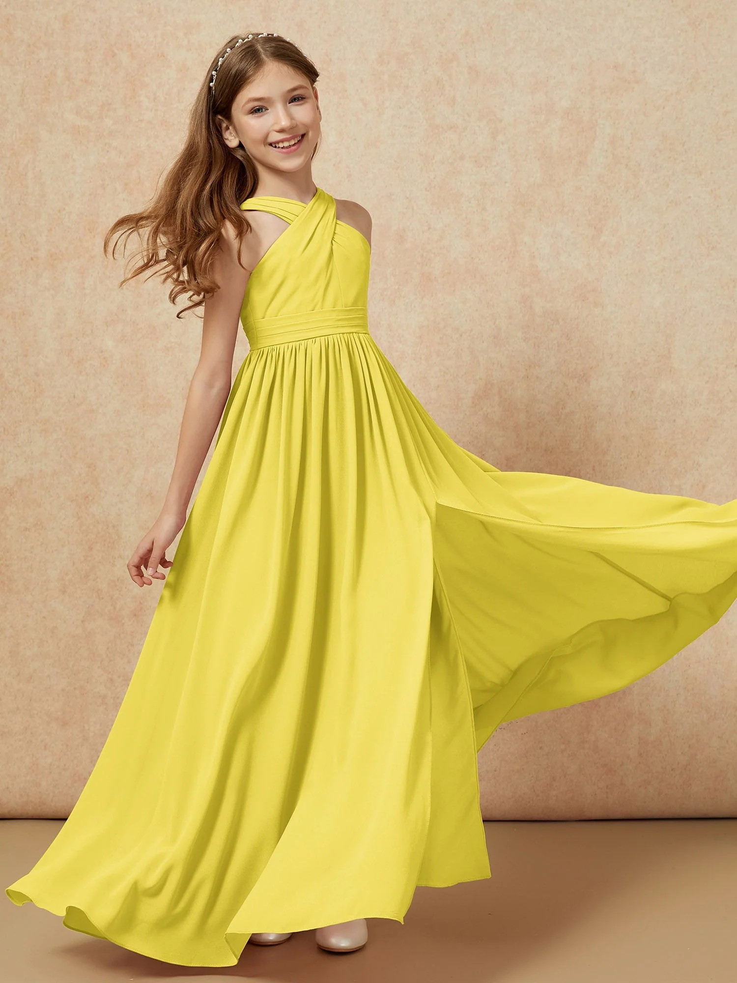 Griechischer Ausschnitt Chiffon Junge Brautjungfernkleider mit Schlitz Zitrone - Image 6