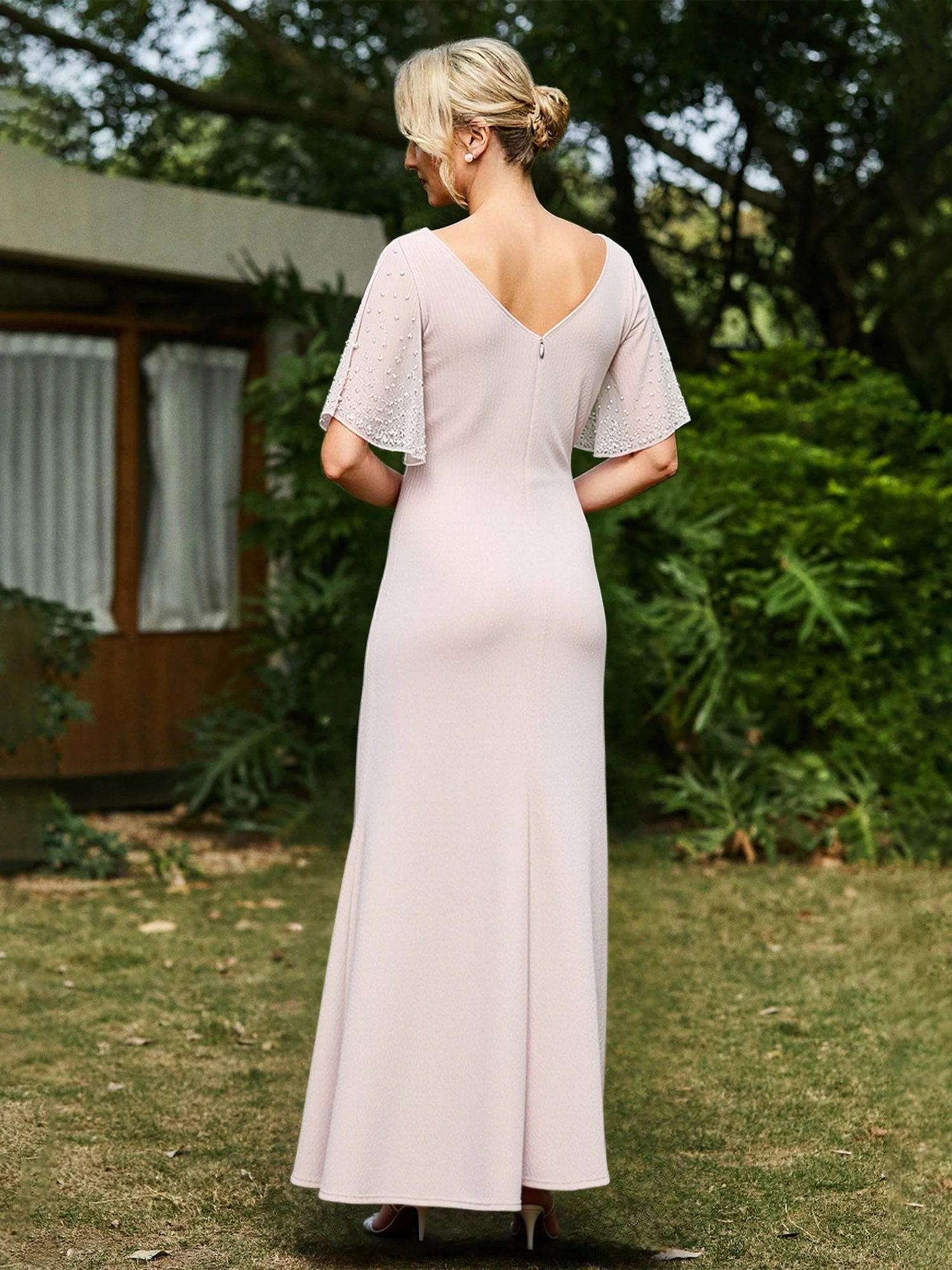 Perlen Flatterärmel Bateau Lang Kleid mit Schlitz Zartrosa - Image 2