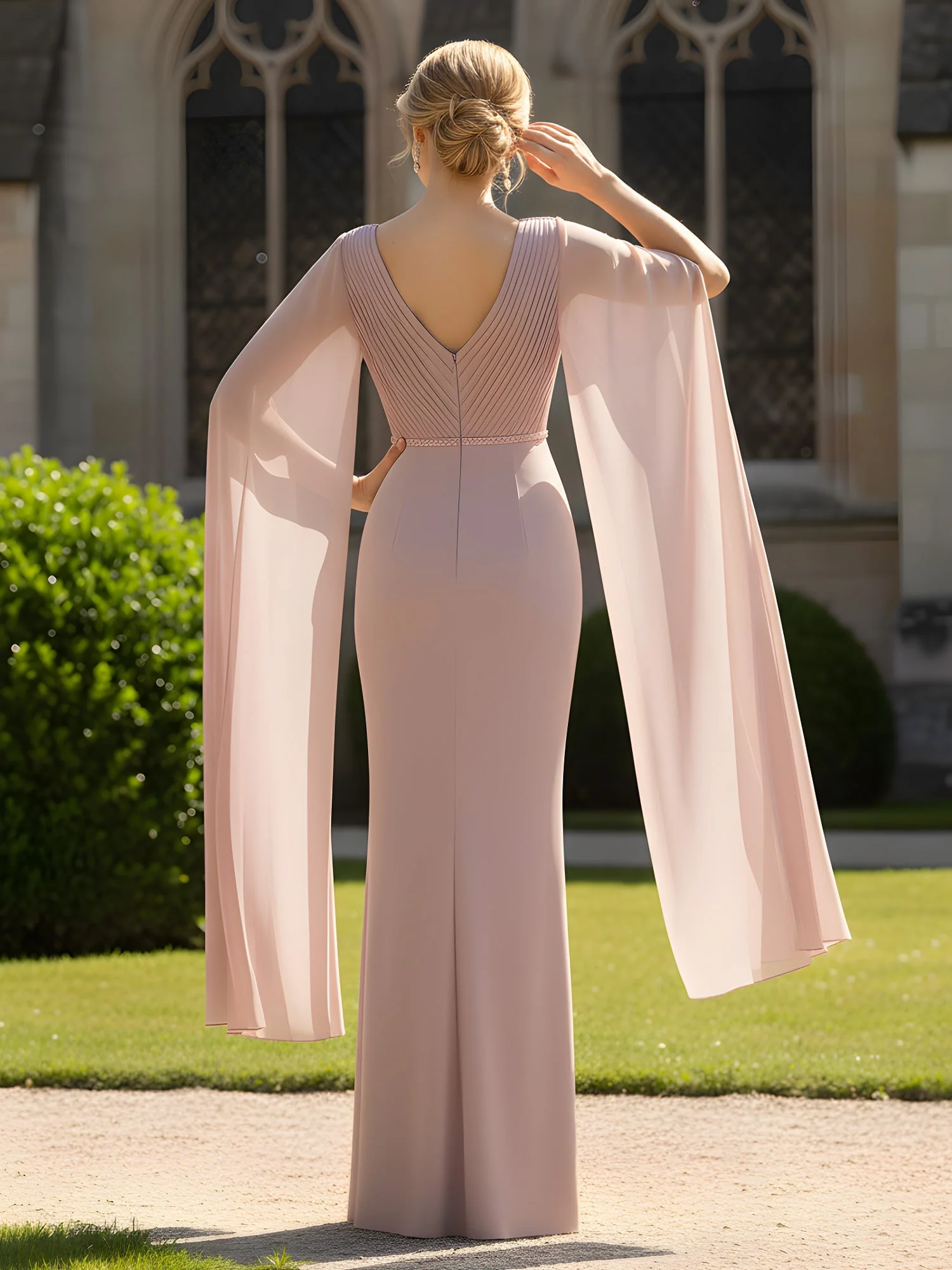 Plissee V-Ausschnitt Kleid mit dramatischen langen Mantel-Ärmeln Königsblau - Image 2