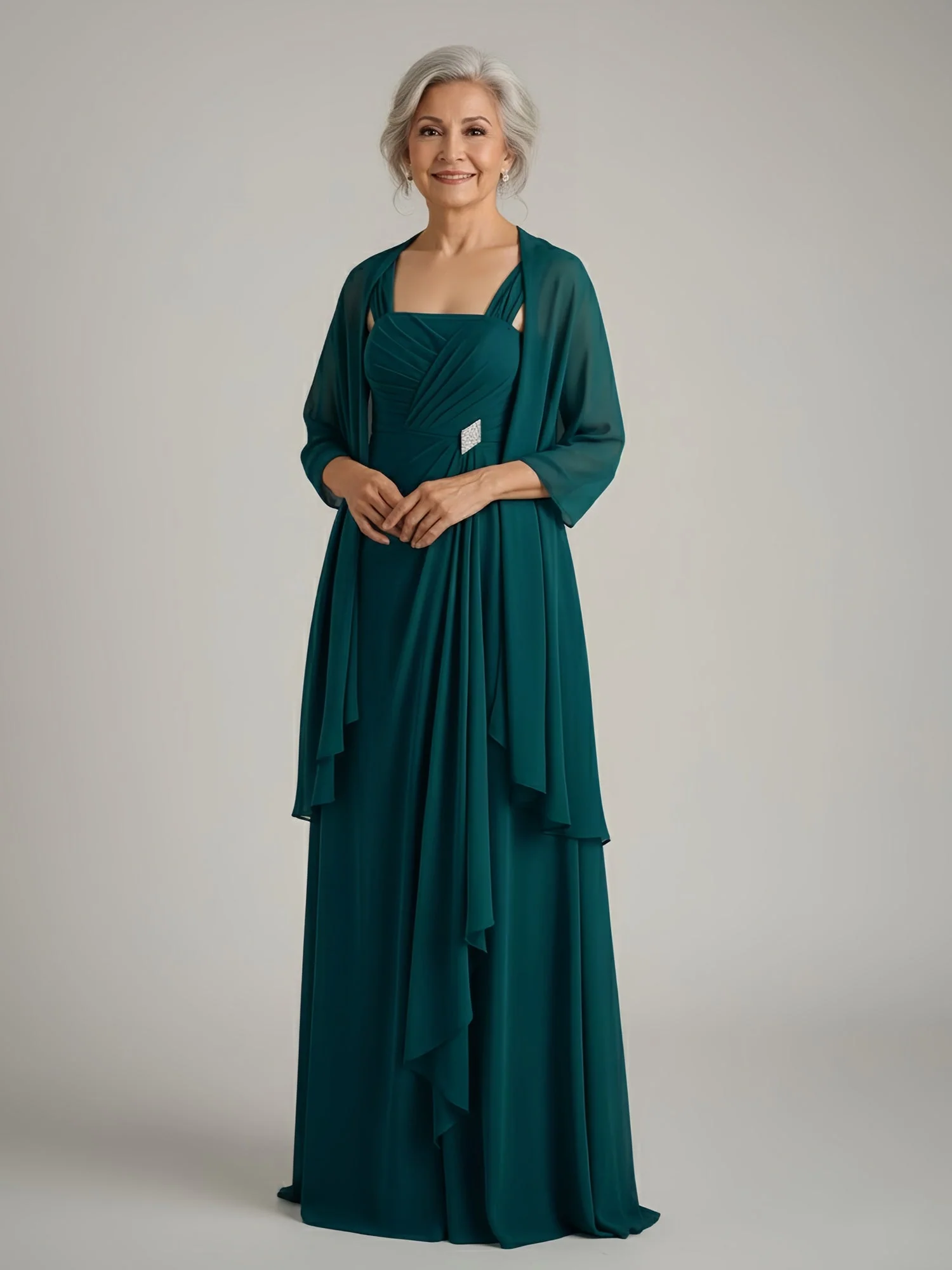Geraffter Oberteil Chiffon Kleid mit Koordination Schal Zimtrose