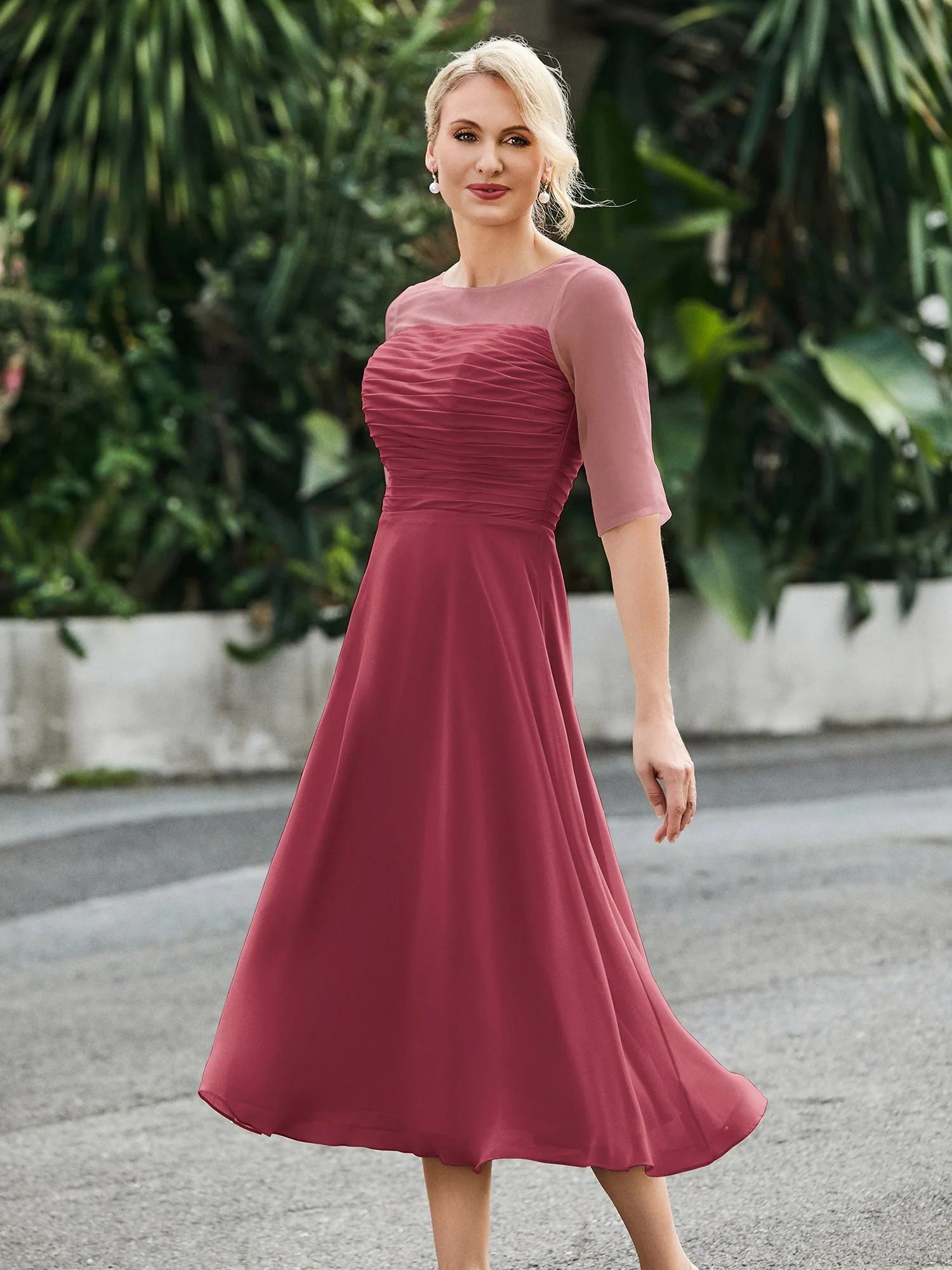 Halbarm A-Linie Wadenlang Chiffon Kleid Zimtrose