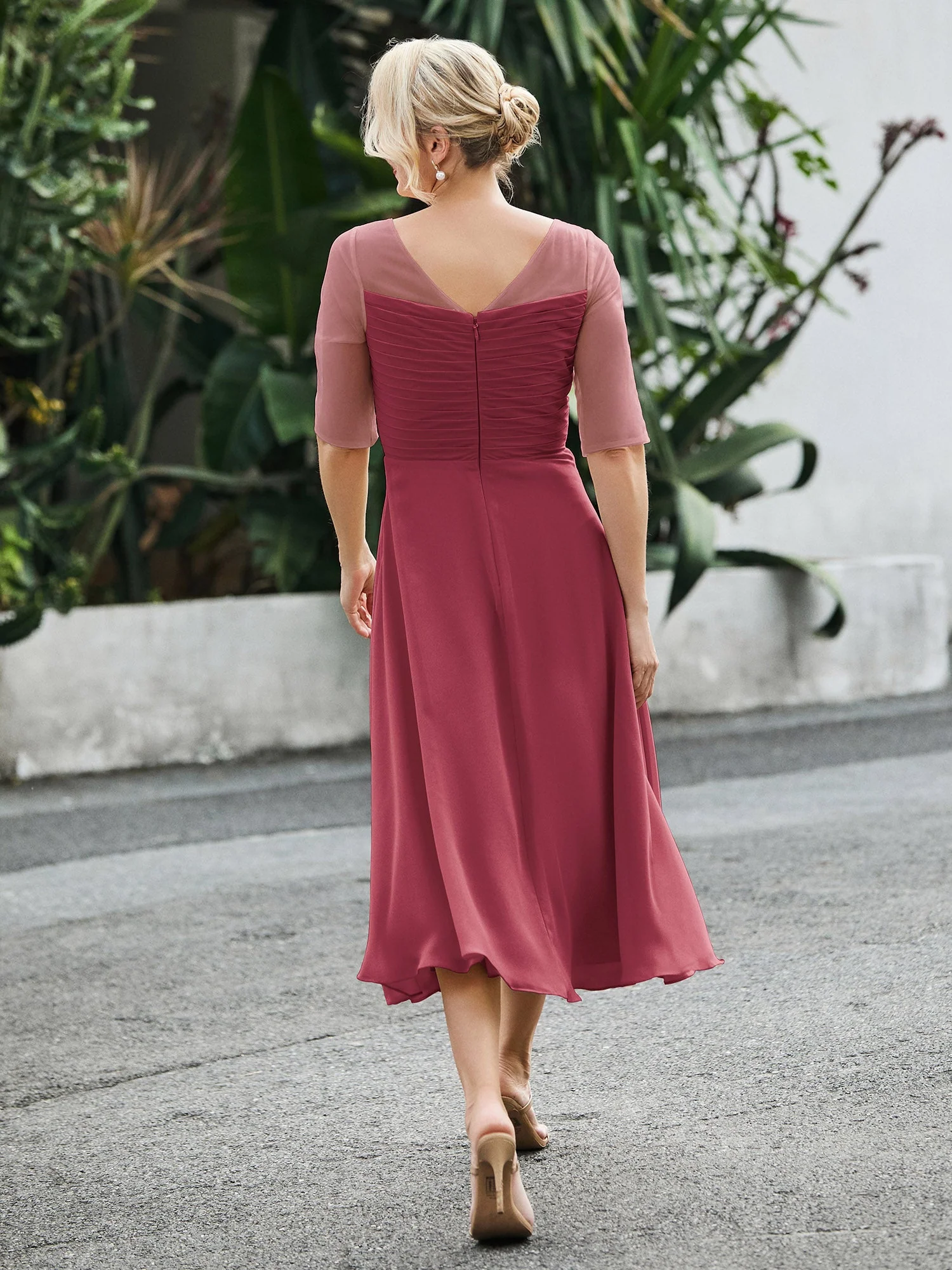 Halbarm A-Linie Wadenlang Chiffon Kleid Zimtrose - Image 2