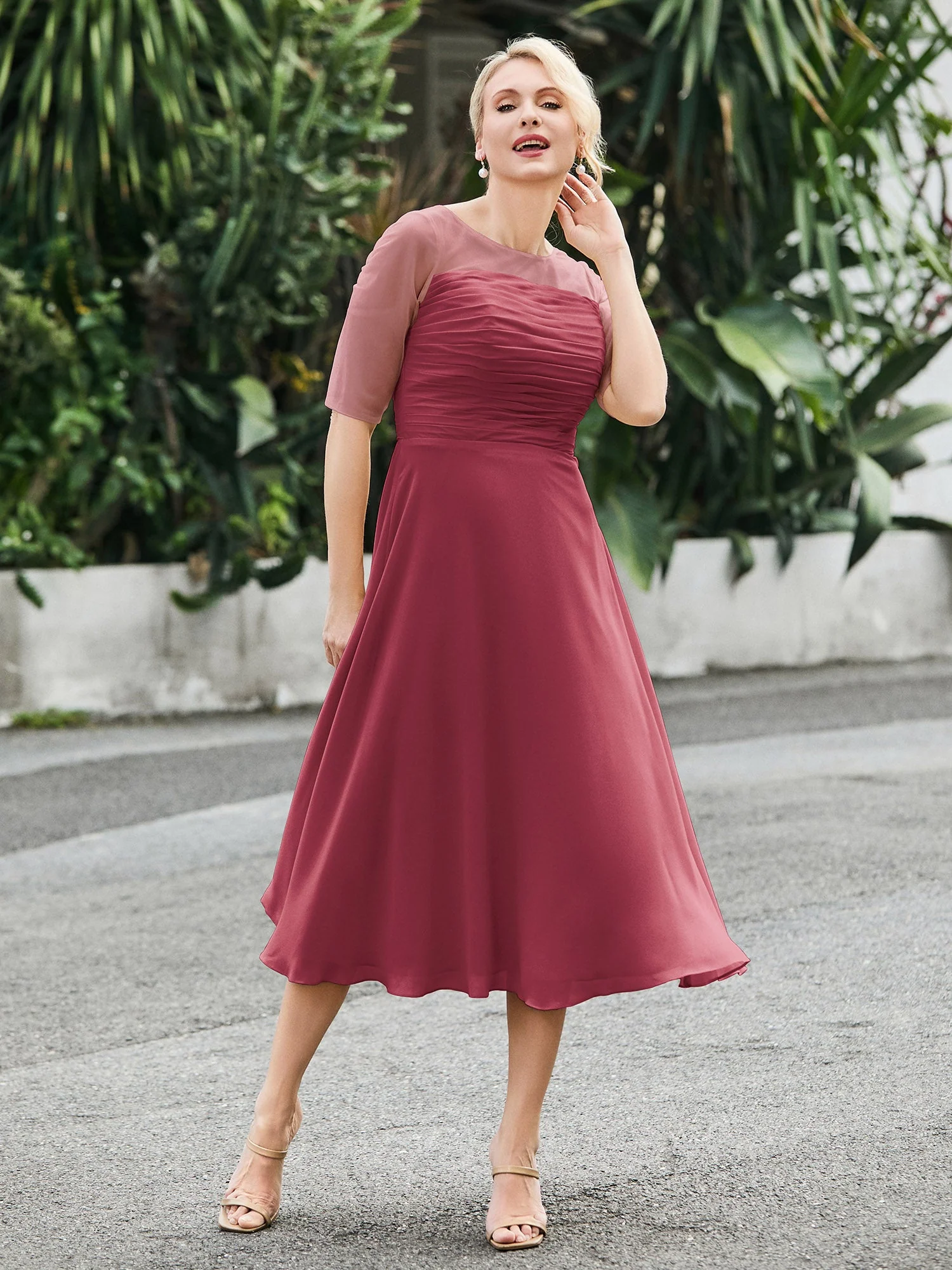 Halbarm A-Linie Wadenlang Chiffon Kleid Zimtrose - Image 3