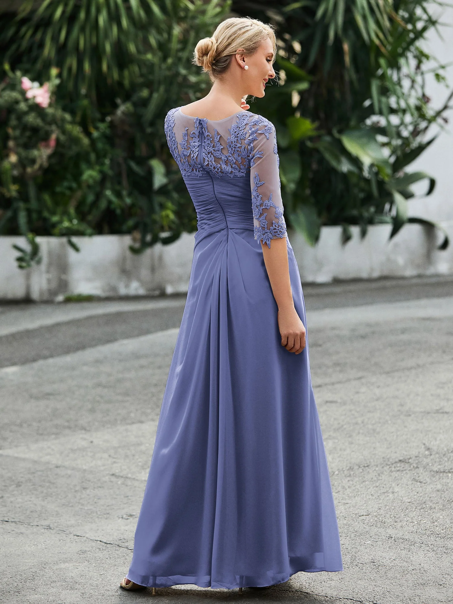 Halbarm Bodenlang Kleid mit Schlitz Periwinkleblau - Image 2