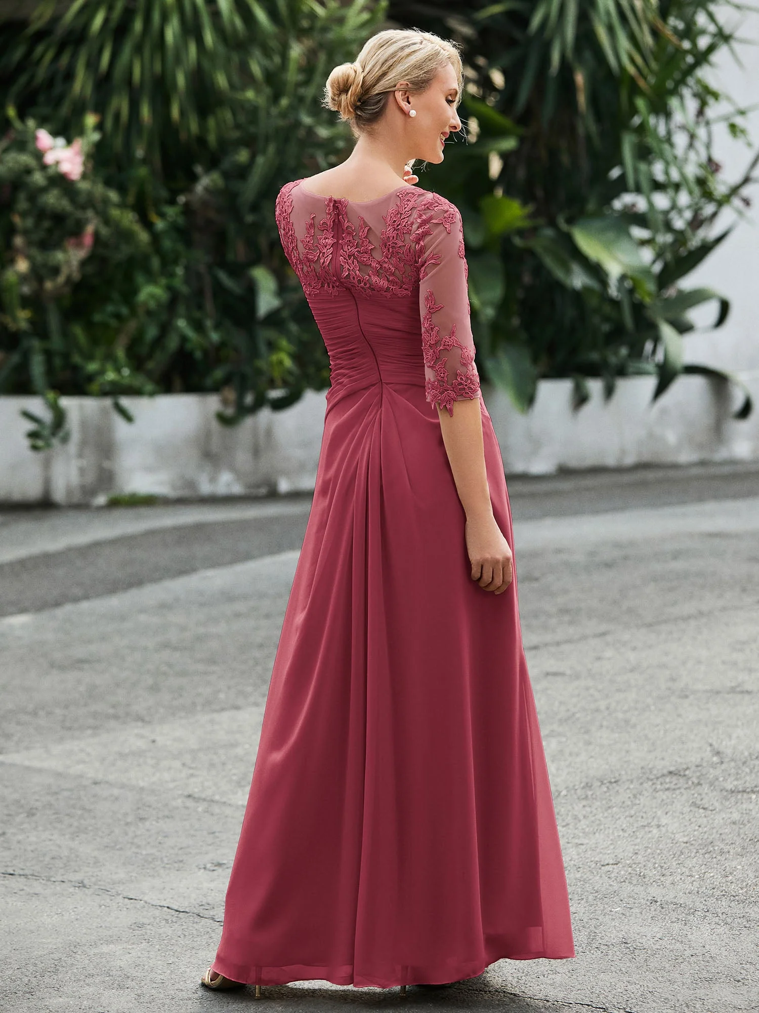 Halbarm Bodenlang Kleid mit Schlitz Zimtrose - Image 2