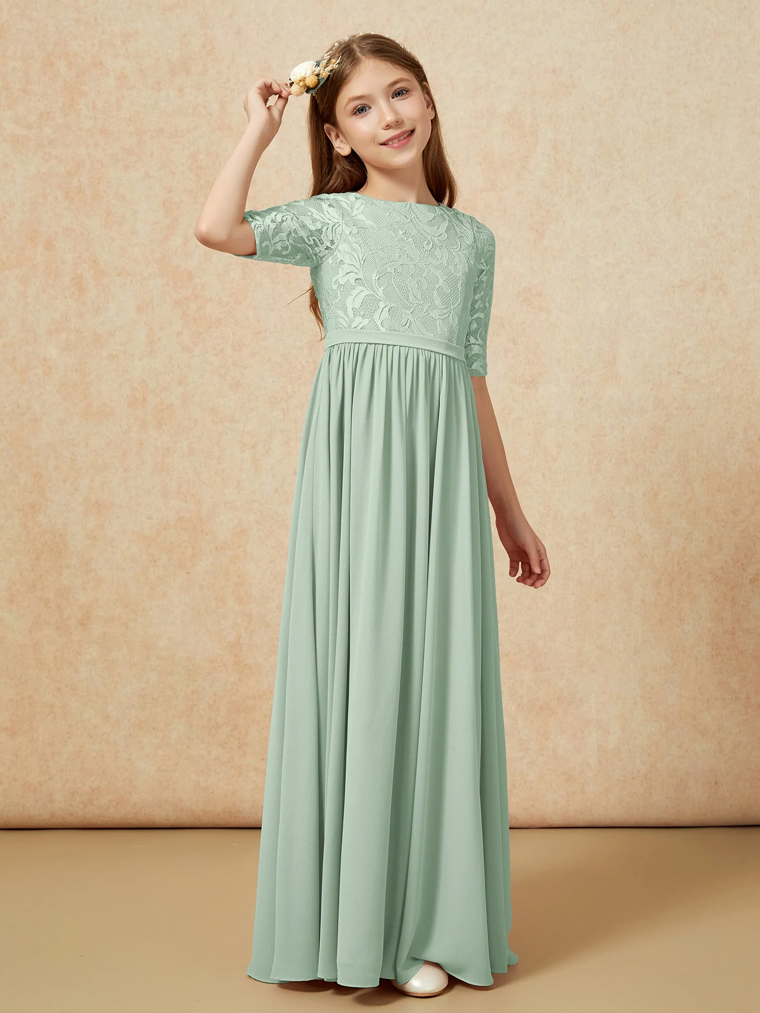 Halbarm Spitzen Oberteil Chiffon Junge Brautjungfernkleider Agavengrün - Image 3