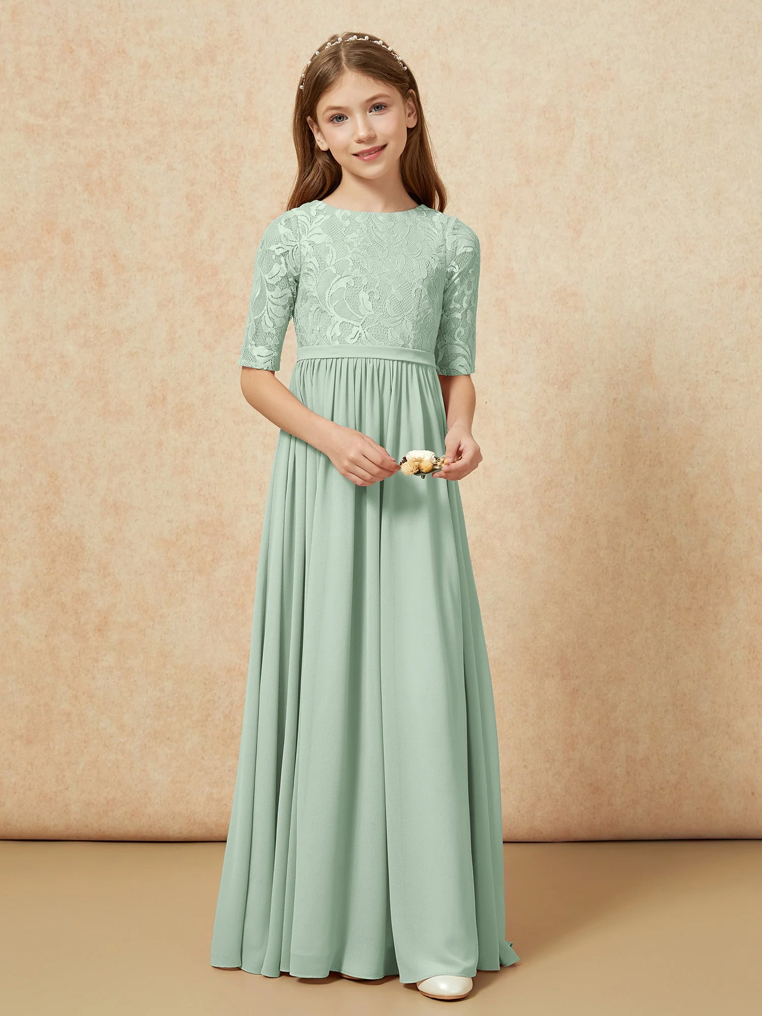 Halbarm Spitzen Oberteil Chiffon Junge Brautjungfernkleider Agavengrün - Image 4