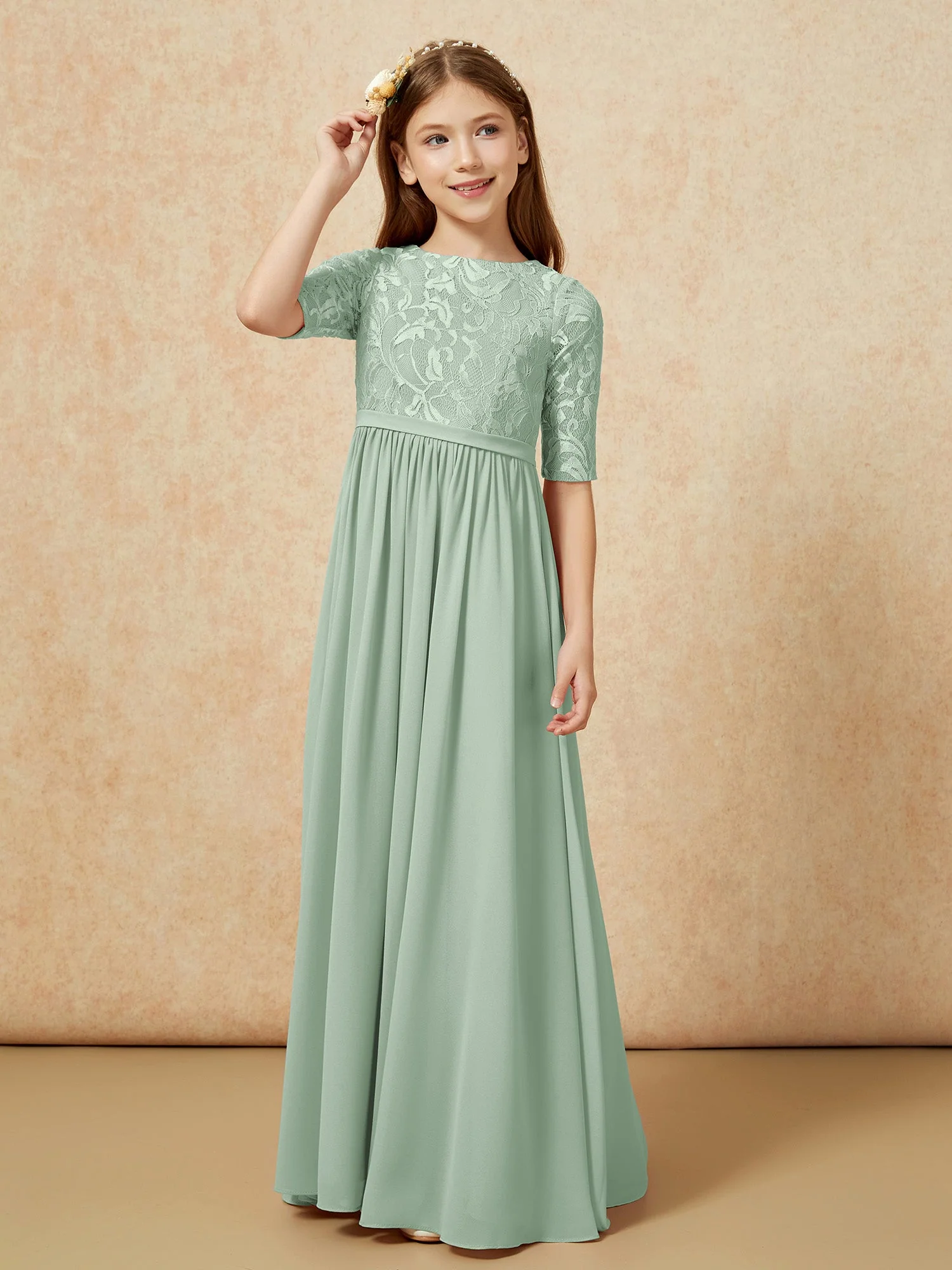 Halbarm Spitzen Oberteil Chiffon Junge Brautjungfernkleider Agavengrün - Image 5