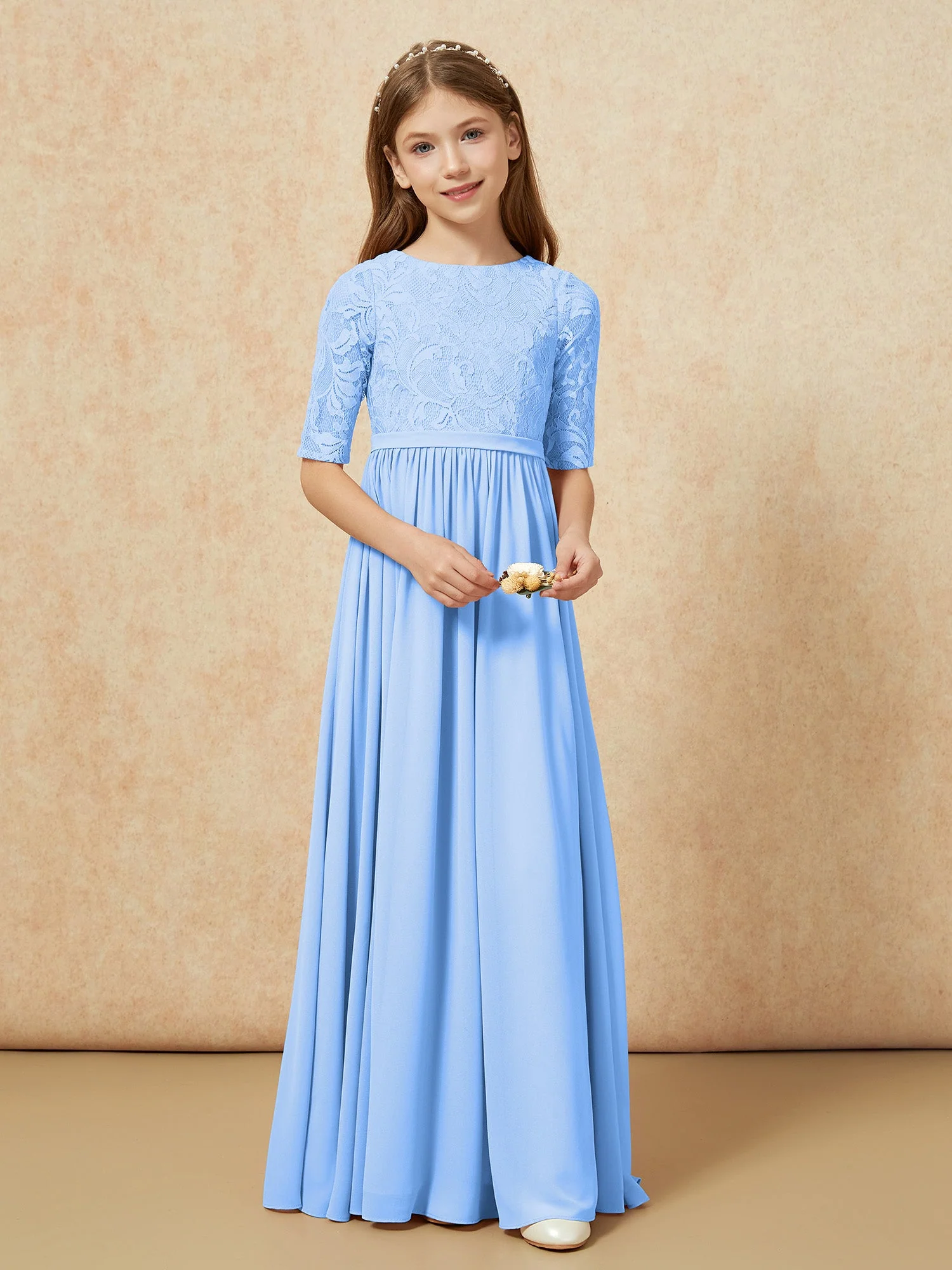 Halbarm Spitzen Oberteil Chiffon Junge Brautjungfernkleider Blau - Image 4