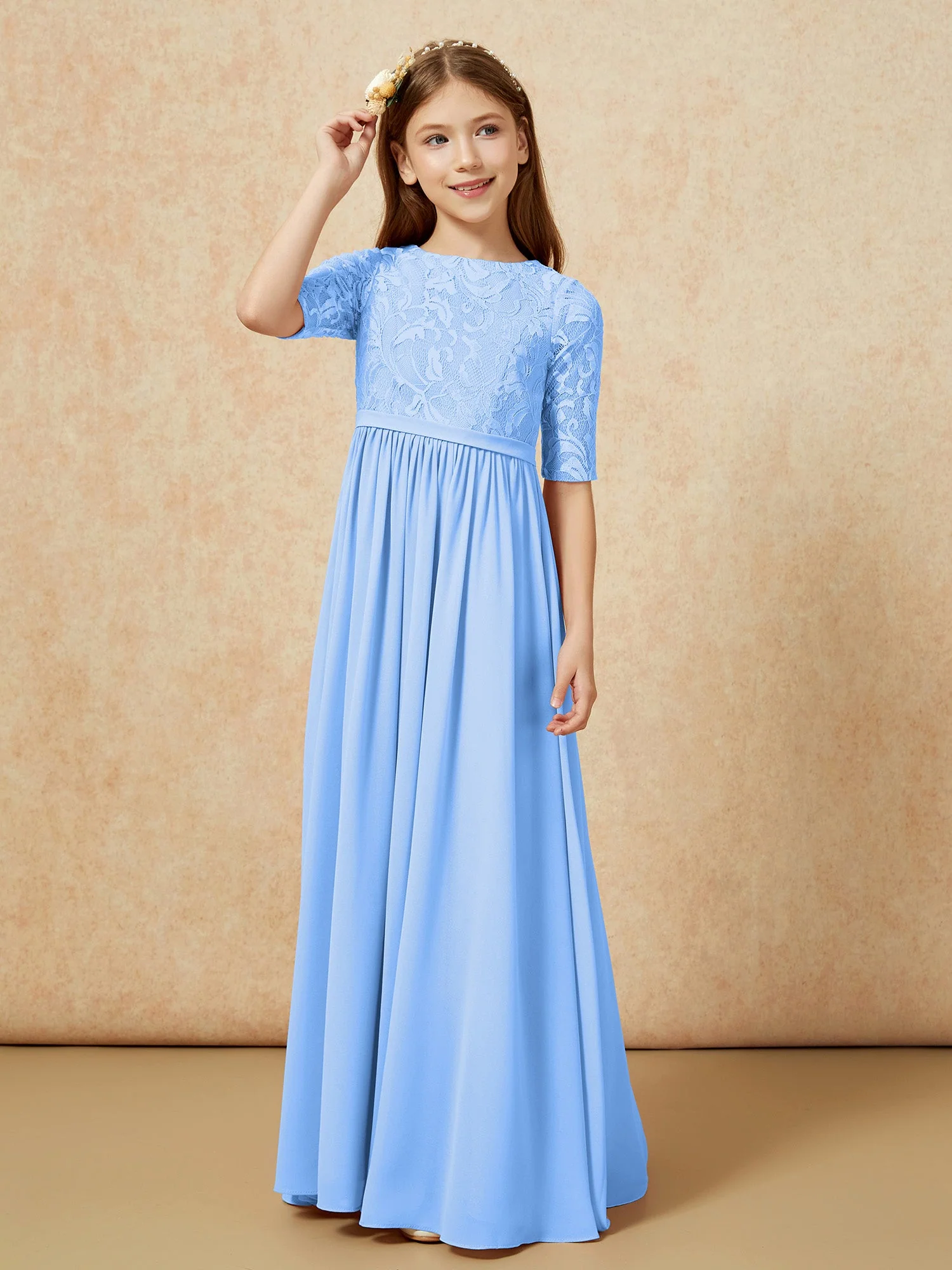 Halbarm Spitzen Oberteil Chiffon Junge Brautjungfernkleider Blau - Image 5