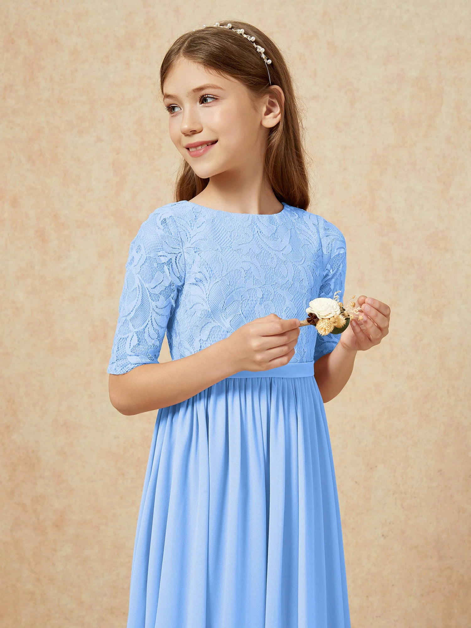 Halbarm Spitzen Oberteil Chiffon Junge Brautjungfernkleider Blau - Image 6