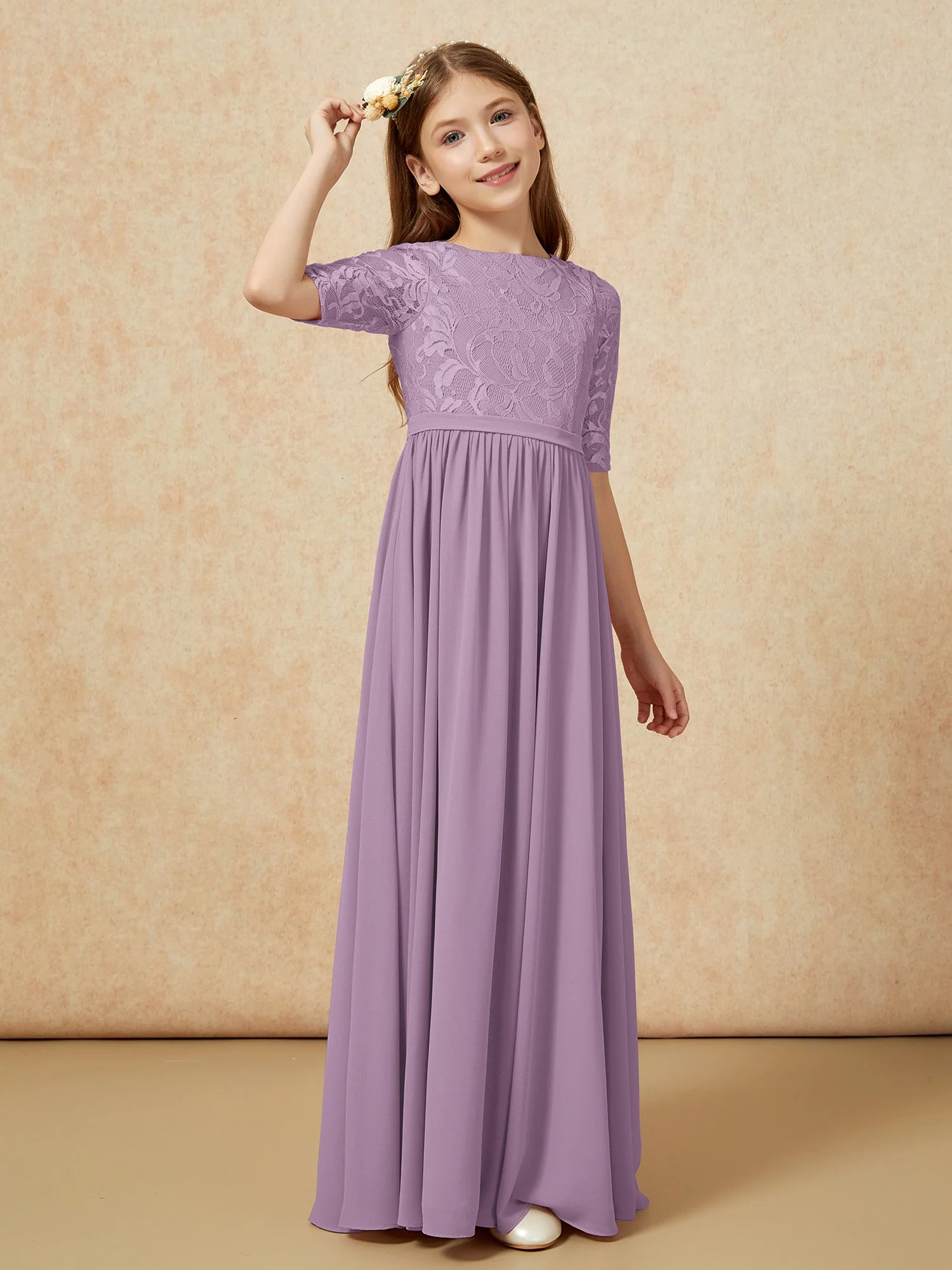 Halbarm Spitzen Oberteil Chiffon Junge Brautjungfernkleider Blauregen - Image 3