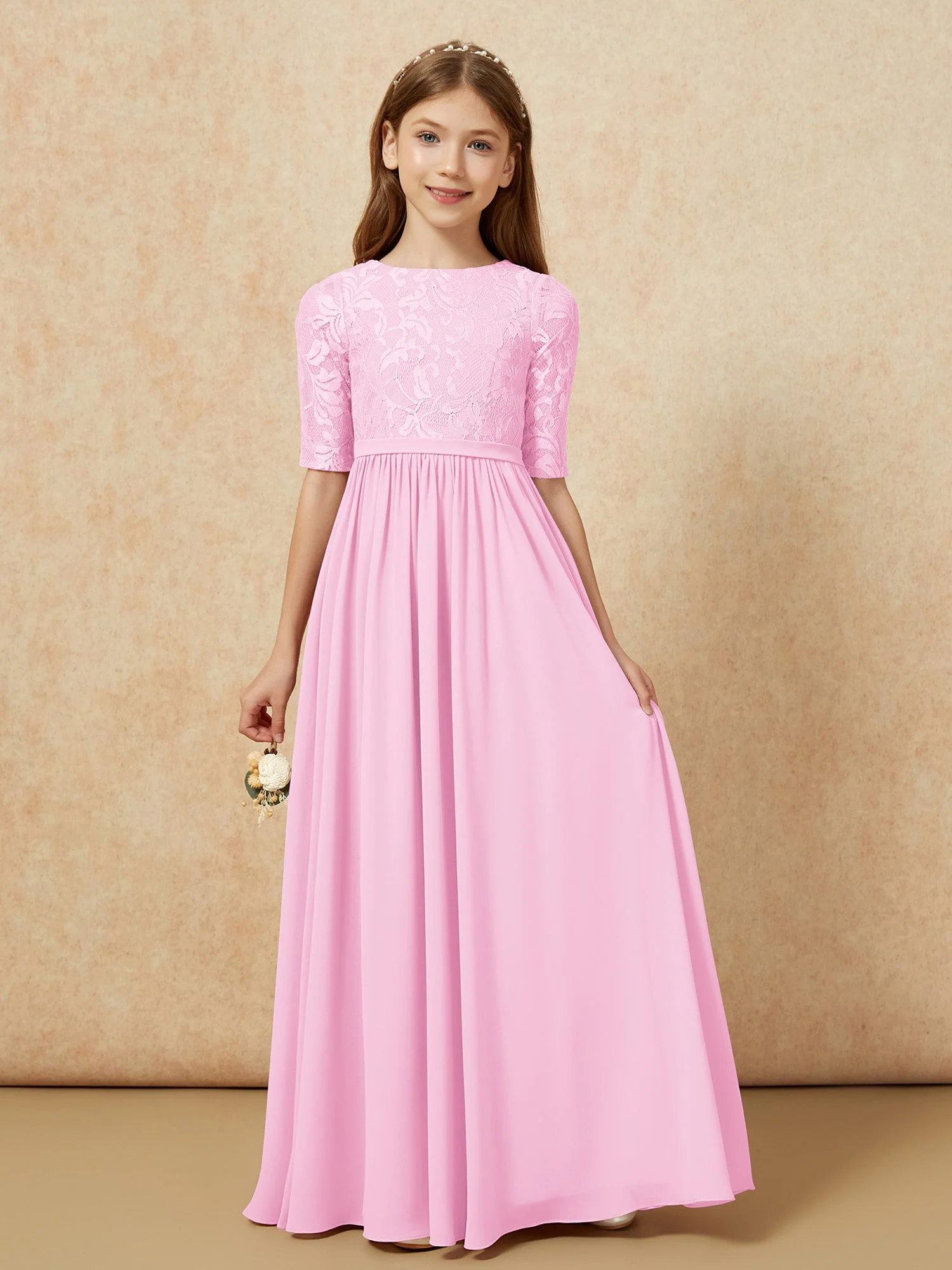 Halbarm Spitzen Oberteil Chiffon Junge Brautjungfernkleider Bonbonrosa