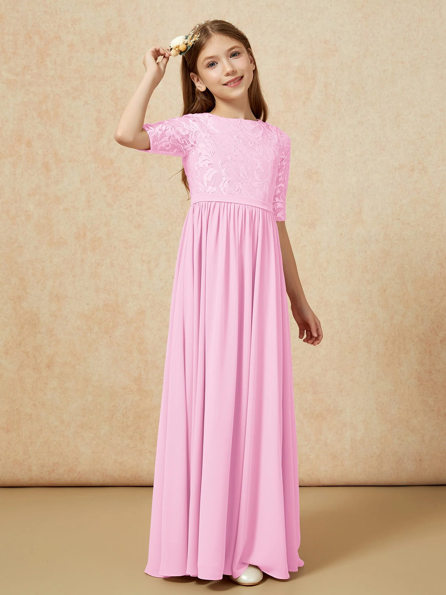 Halbarm Spitzen Oberteil Chiffon Junge Brautjungfernkleider Bonbonrosa - Image 3