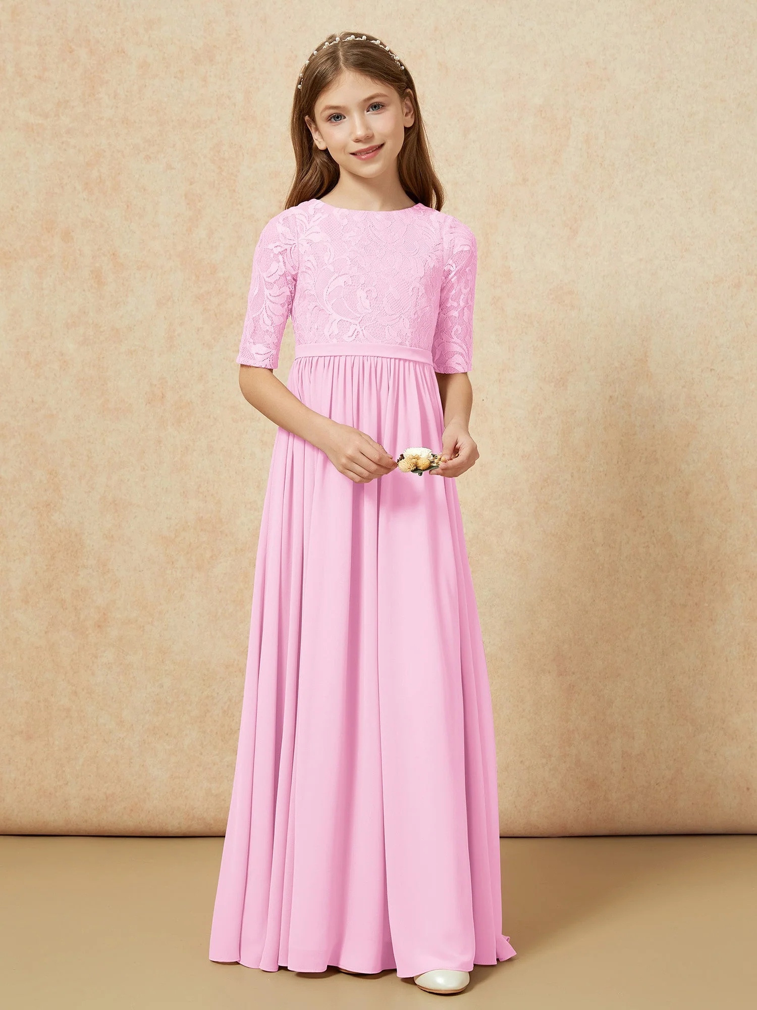 Halbarm Spitzen Oberteil Chiffon Junge Brautjungfernkleider Bonbonrosa - Image 4