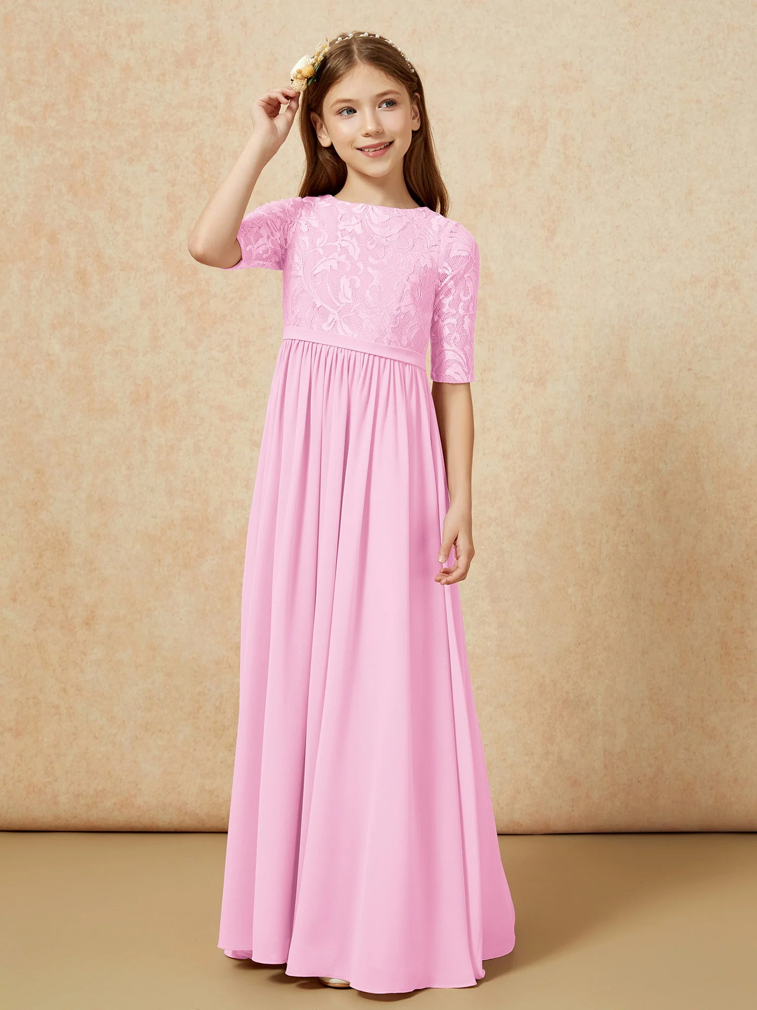 Halbarm Spitzen Oberteil Chiffon Junge Brautjungfernkleider Bonbonrosa - Image 5