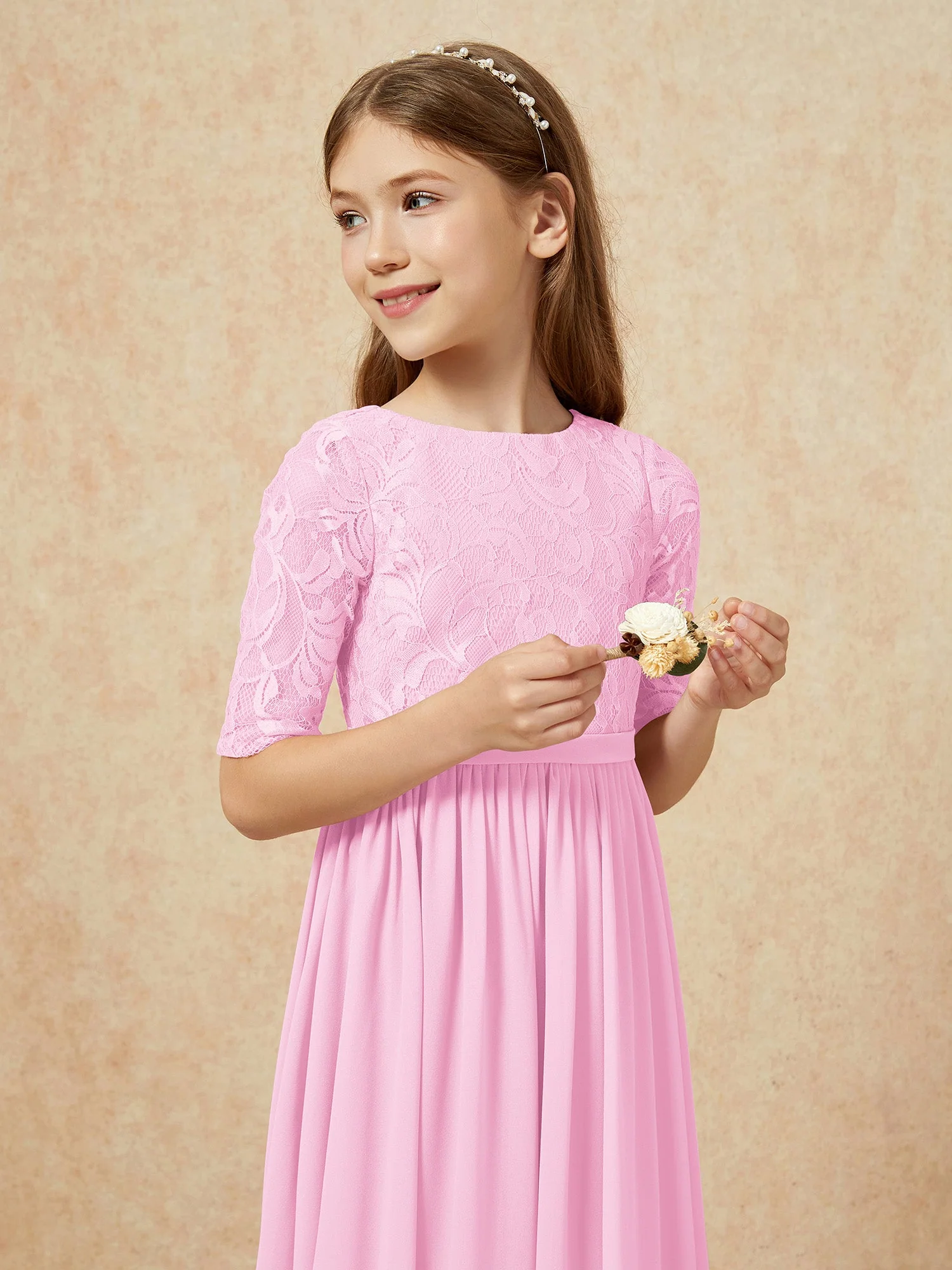 Halbarm Spitzen Oberteil Chiffon Junge Brautjungfernkleider Bonbonrosa - Image 6