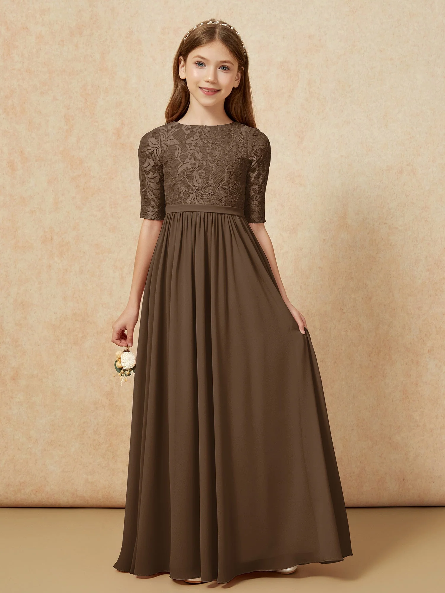 Halbarm Spitzen Oberteil Chiffon Junge Brautjungfernkleider Braun