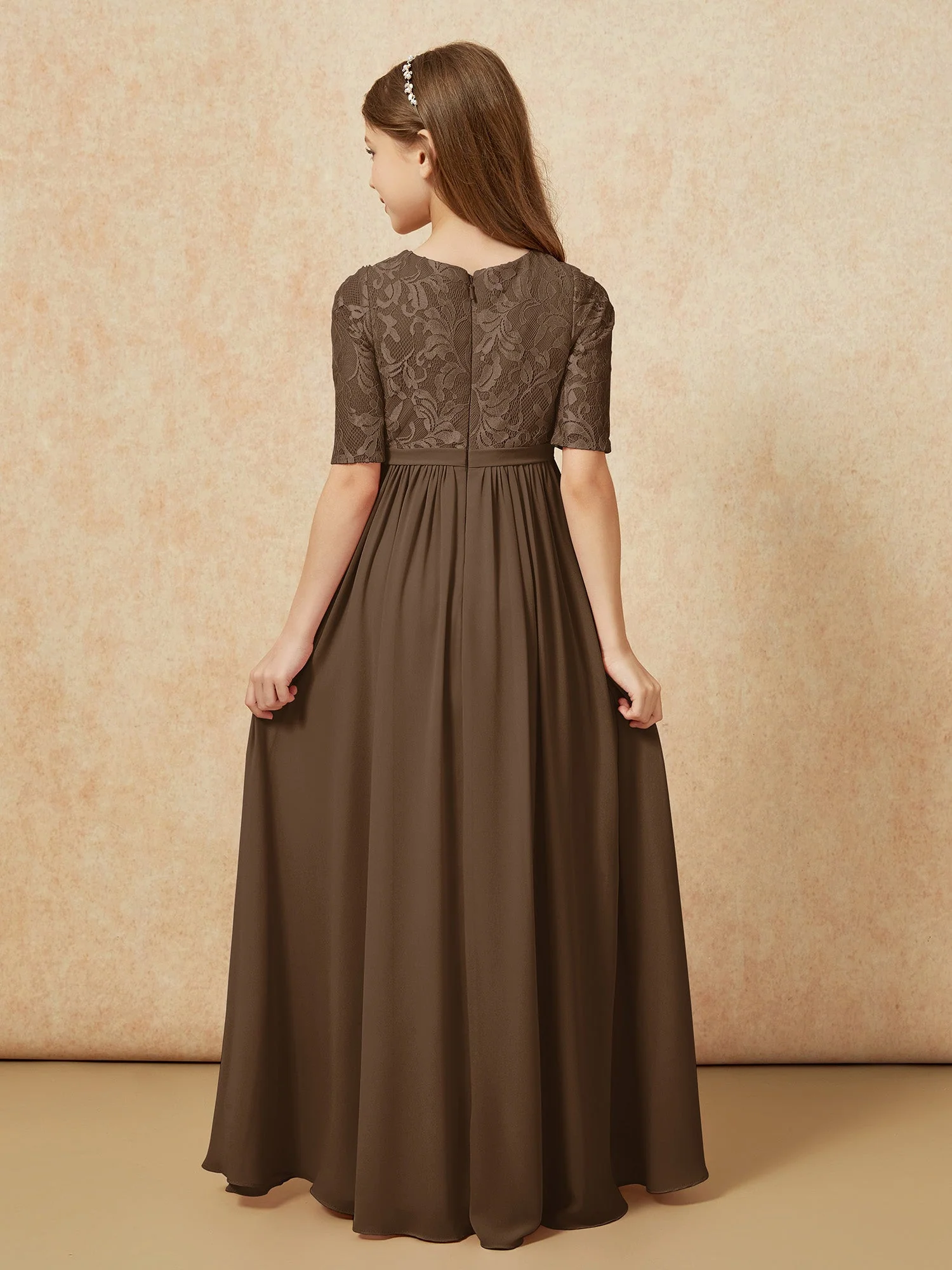 Halbarm Spitzen Oberteil Chiffon Junge Brautjungfernkleider Braun - Image 2